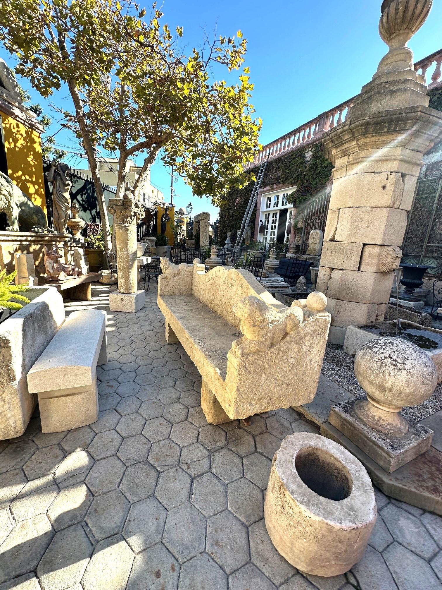 18th Century Large Hand Carved Stone Rustic Chateau Garden Bench Regal Outdoor Seat Antique For Sale