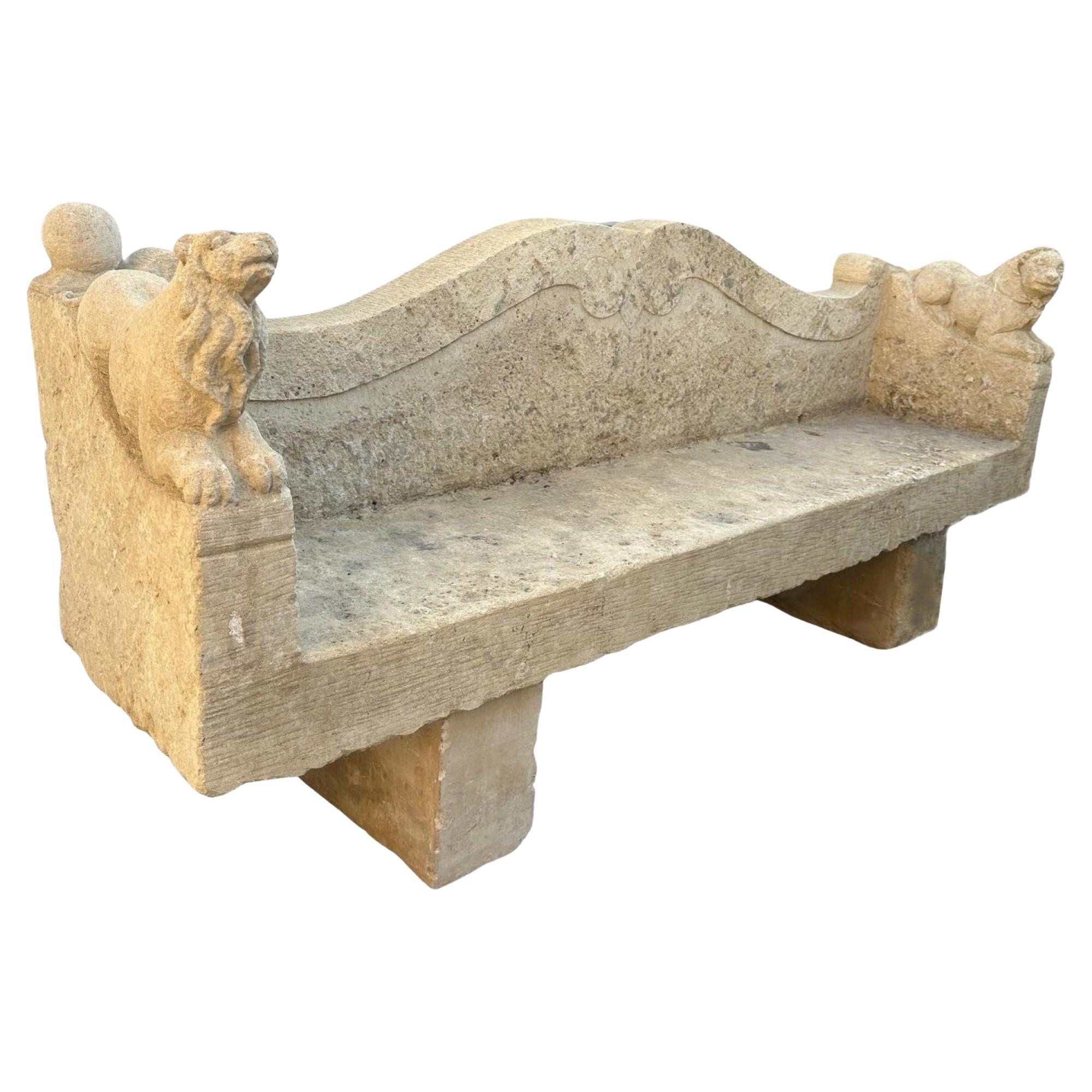 Large Hand Carved Stone Rustic Chateau Garden Bench Regal Outdoor Seat Antique For Sale
