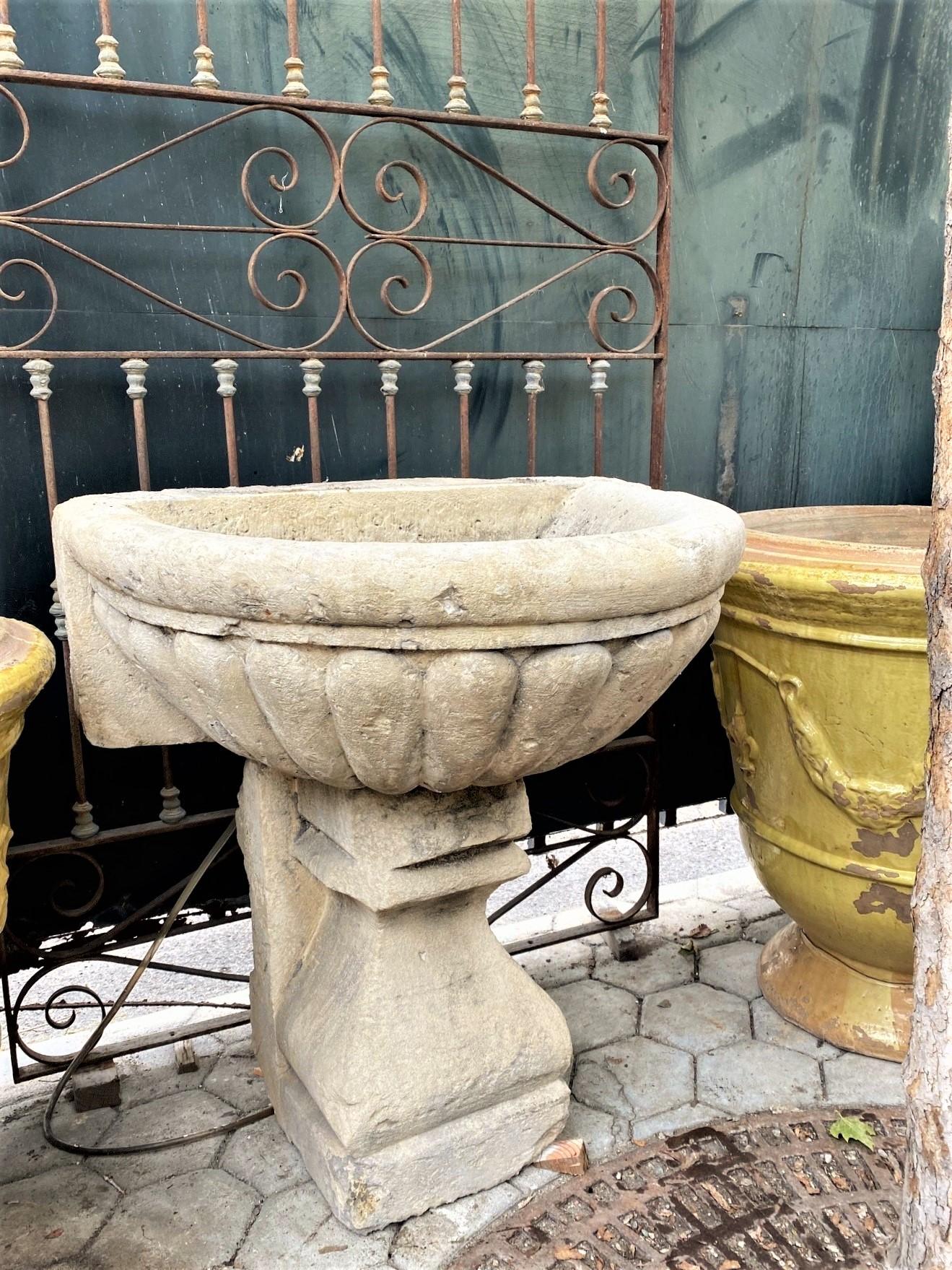 Large Hand Carved Stone Sink Basin Wall Fountain Bowl & pedestal base Antique CA . A beautiful 18th Century Hand Carved Stone Sink / Wall mount fountain basin . versatile sculpted architectural element for an outdoor Garden or indoor setting.  Very