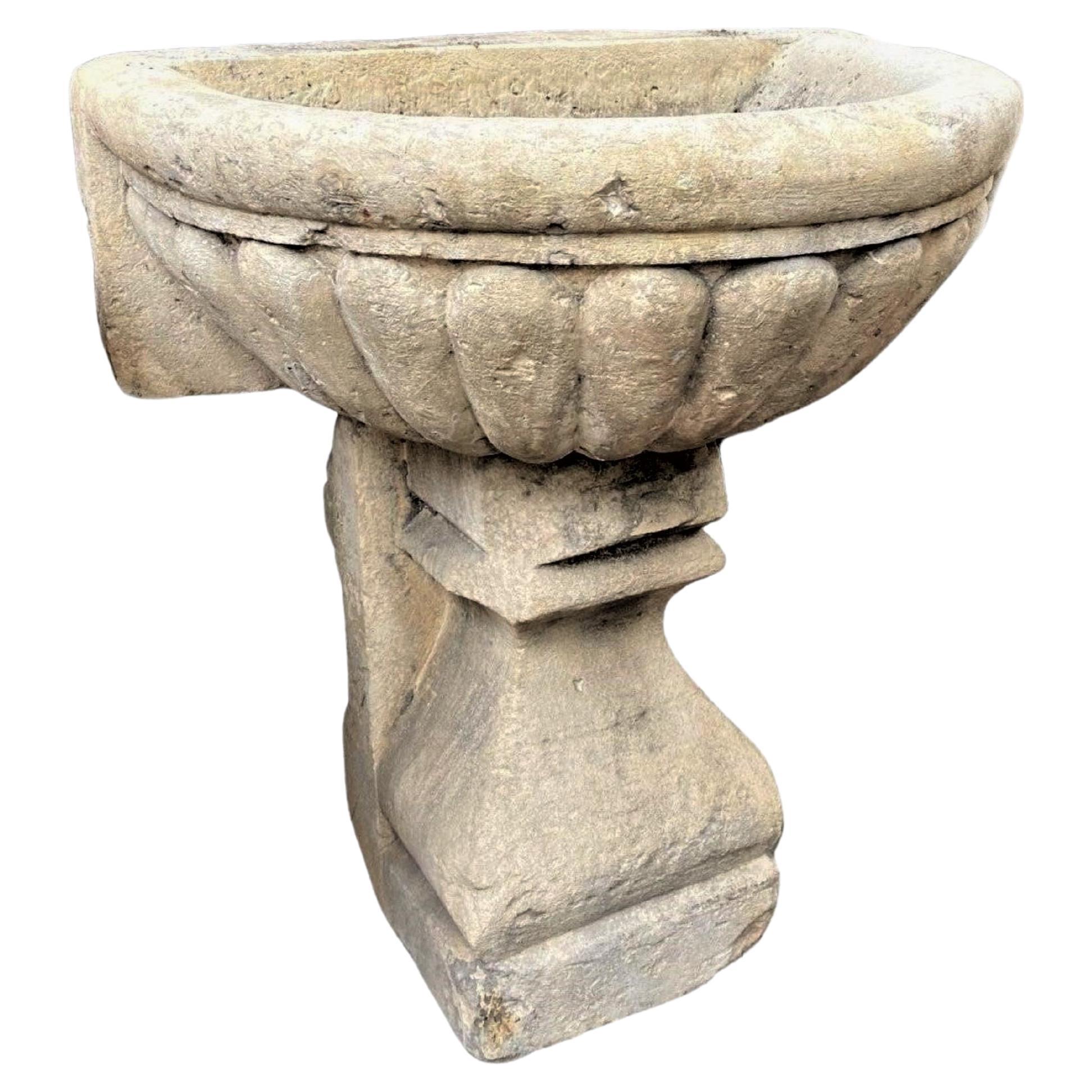Large Hand Carved Stone Sink Basin Wall Fountain Bowl & pedestal base Antique CA For Sale