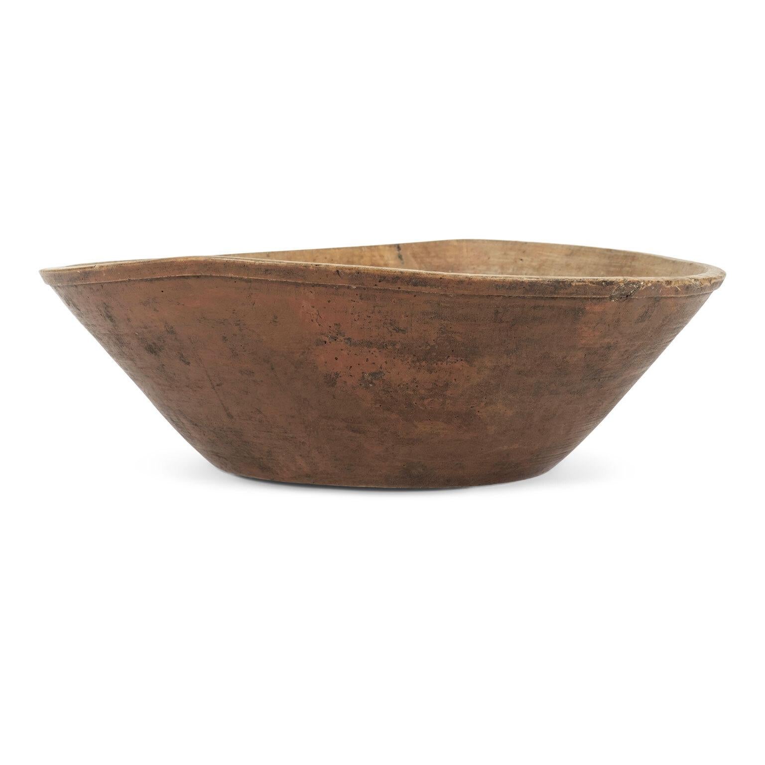 Large hand-carved Swedish bleached birch wood bowl. Brown painted exterior. Dates to 19th century.