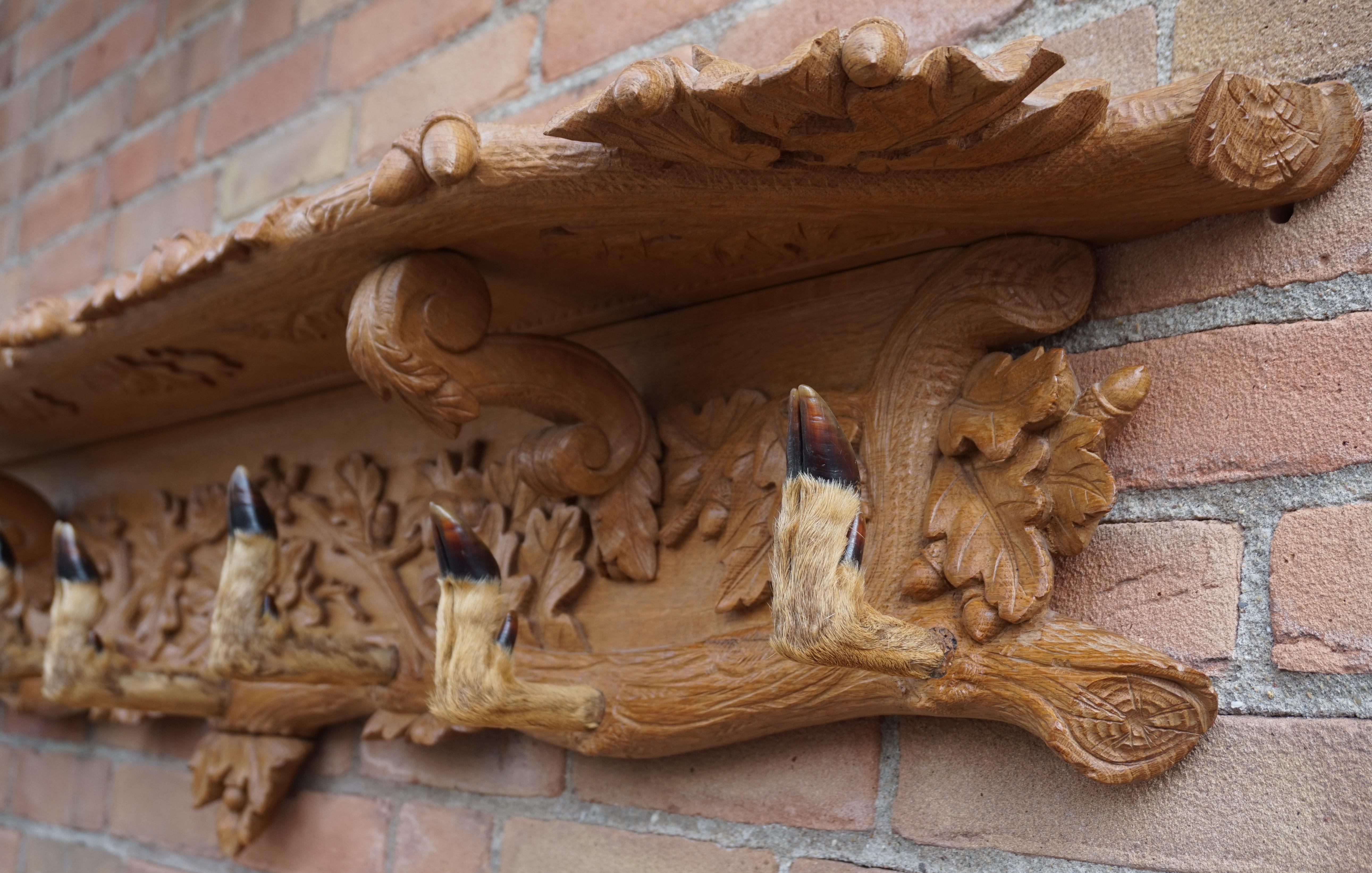 Large Hand-Carved Swiss Black Forest Coat Rack by N. Deneffe w. Deer Hoof Hooks 3