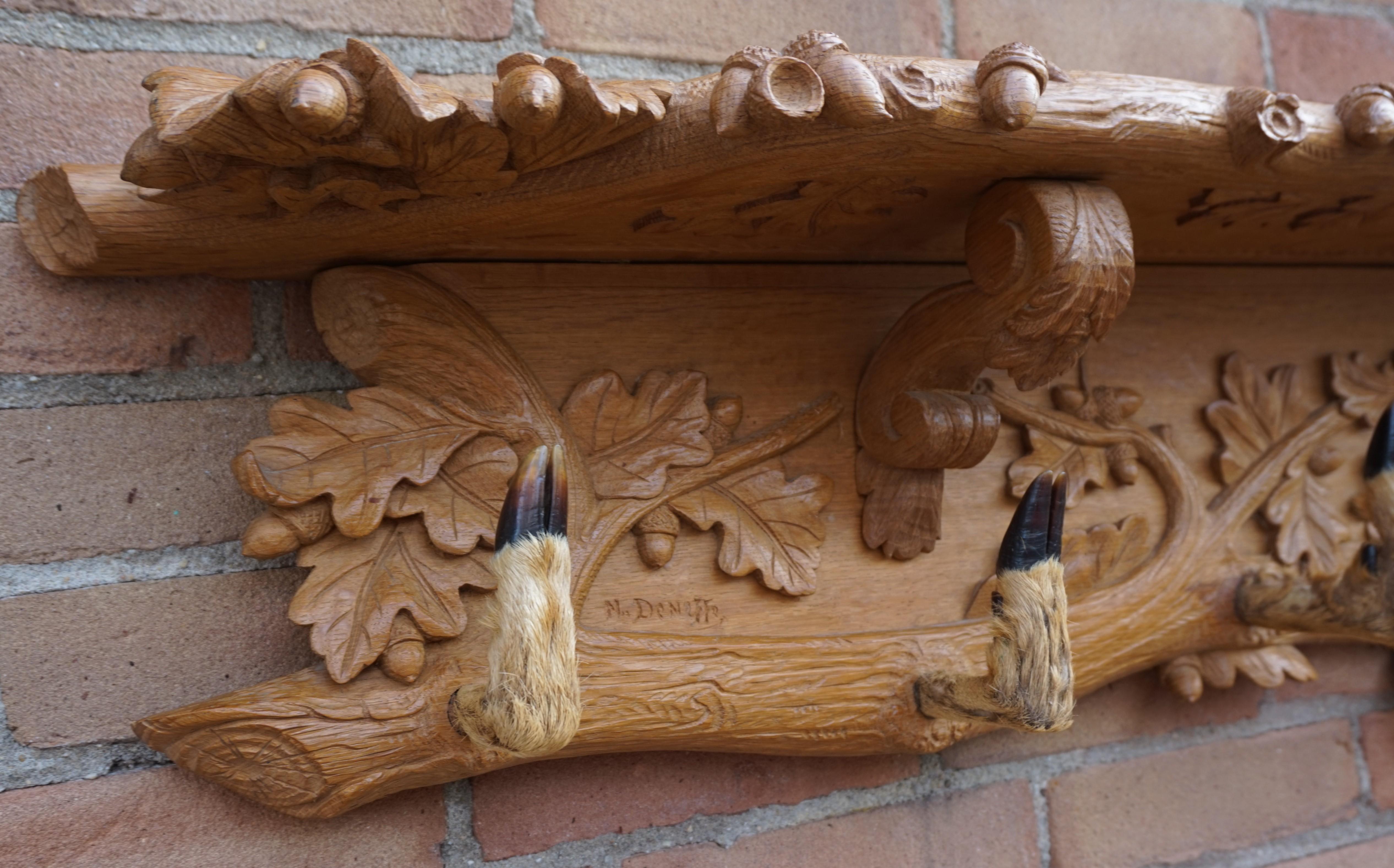 Large Hand-Carved Swiss Black Forest Coat Rack by N. Deneffe w. Deer Hoof Hooks 6