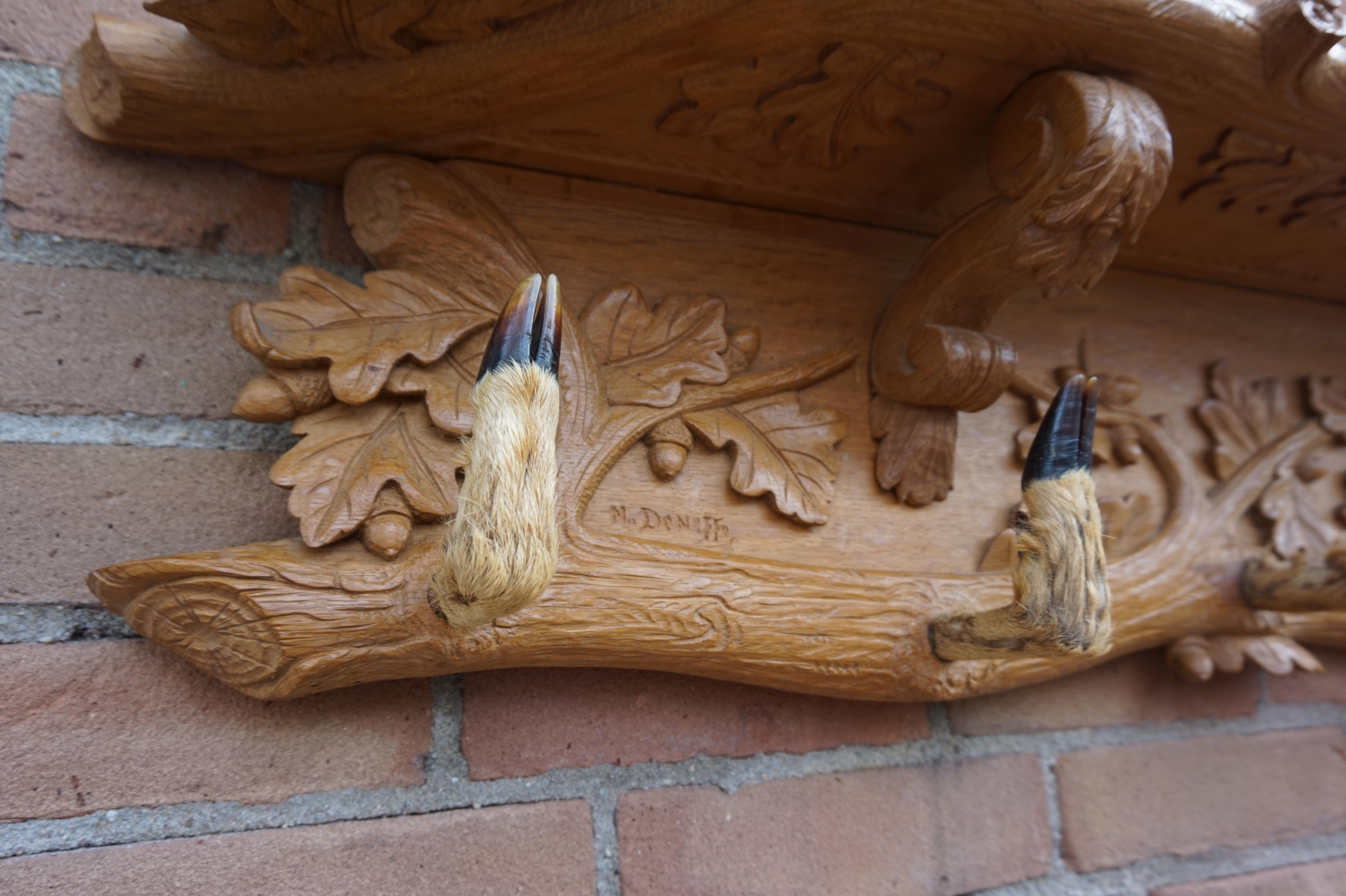 Large Hand-Carved Swiss Black Forest Coat Rack by N. Deneffe w. Deer Hoof Hooks 9
