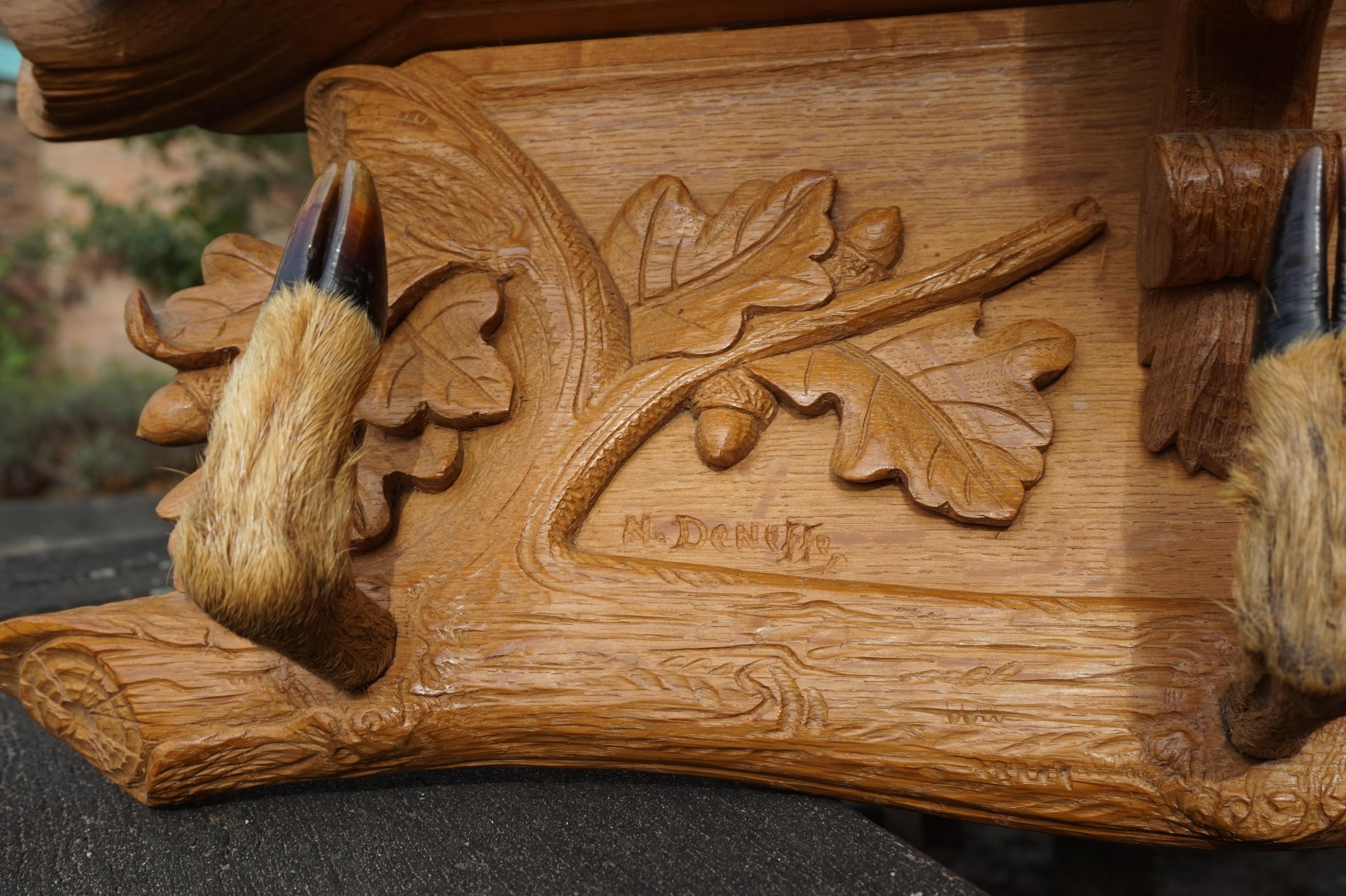 Oak Large Hand-Carved Swiss Black Forest Coat Rack by N. Deneffe w. Deer Hoof Hooks