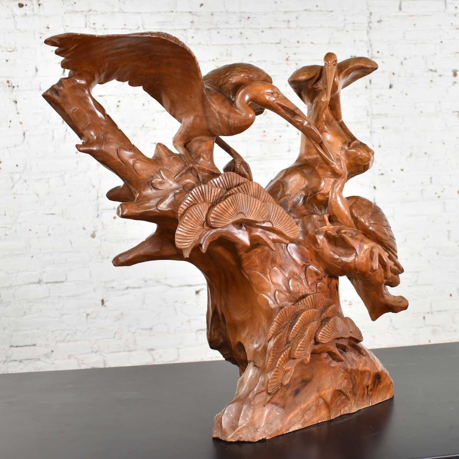 Large Hand Carved Teak Asian Sculpture of a Trio of Cranes on a Ginkgo Tree 3