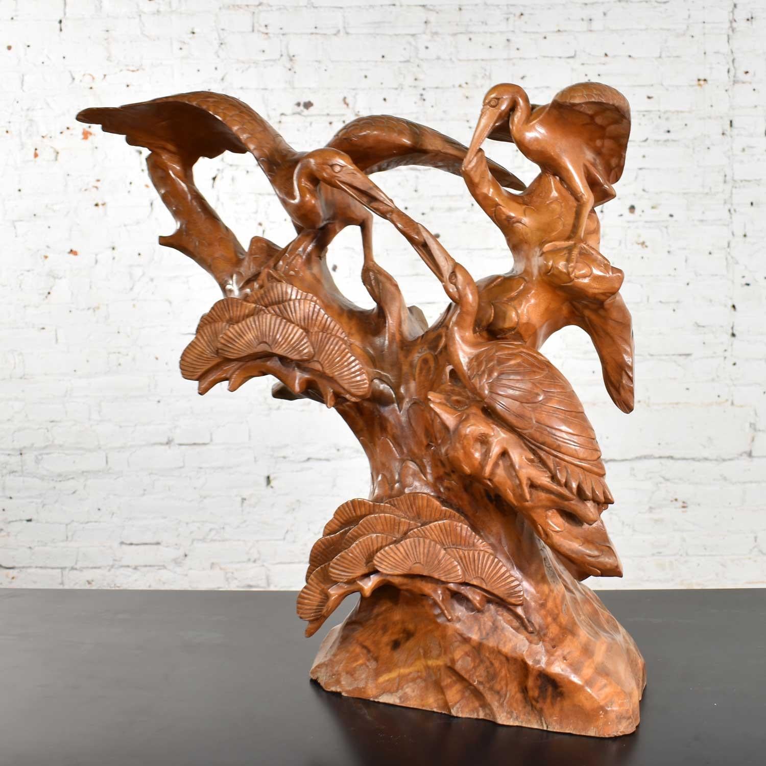 Large Hand Carved Teak Asian Sculpture of a Trio of Cranes on a Ginkgo Tree 4