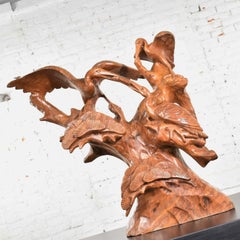 Large Hand Carved Teak Asian Sculpture of a Trio of Cranes on a Ginkgo Tree