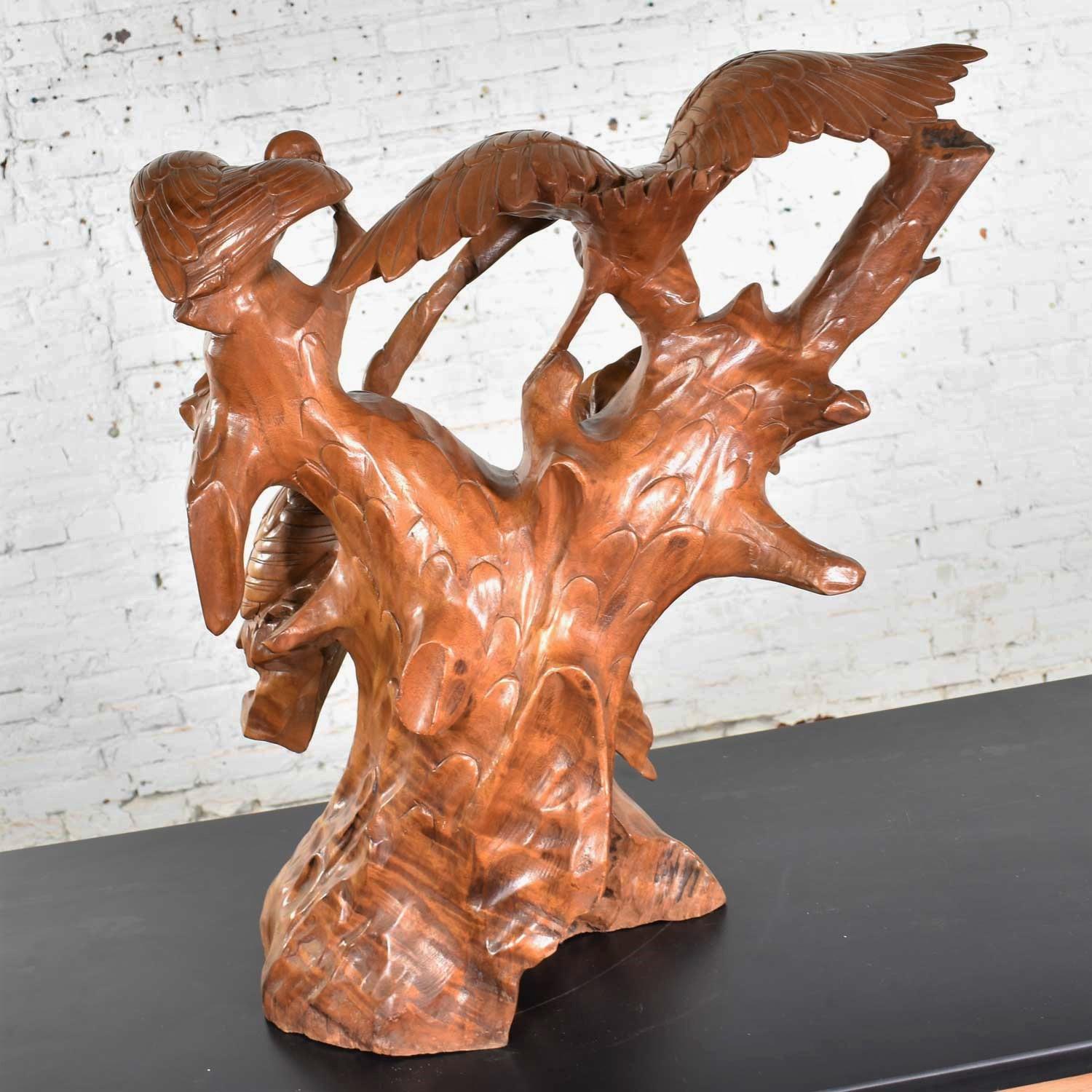 Hand-Carved Large Hand Carved Teak Asian Sculpture of a Trio of Cranes on a Ginkgo Tree