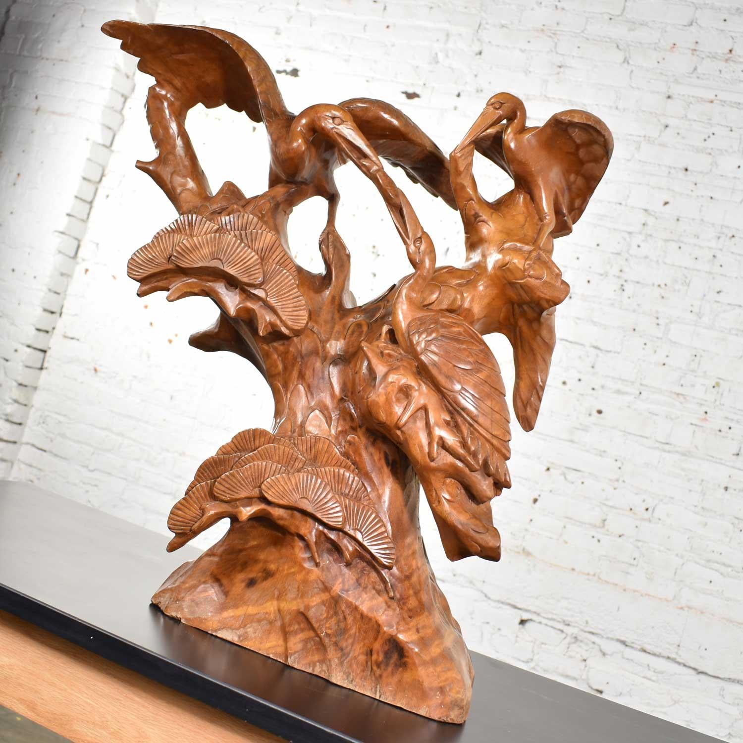 20th Century Large Hand Carved Teak Asian Sculpture of a Trio of Cranes on a Ginkgo Tree