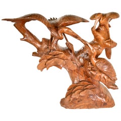 Large Hand Carved Teak Asian Sculpture of a Trio of Cranes on a Ginkgo Tree