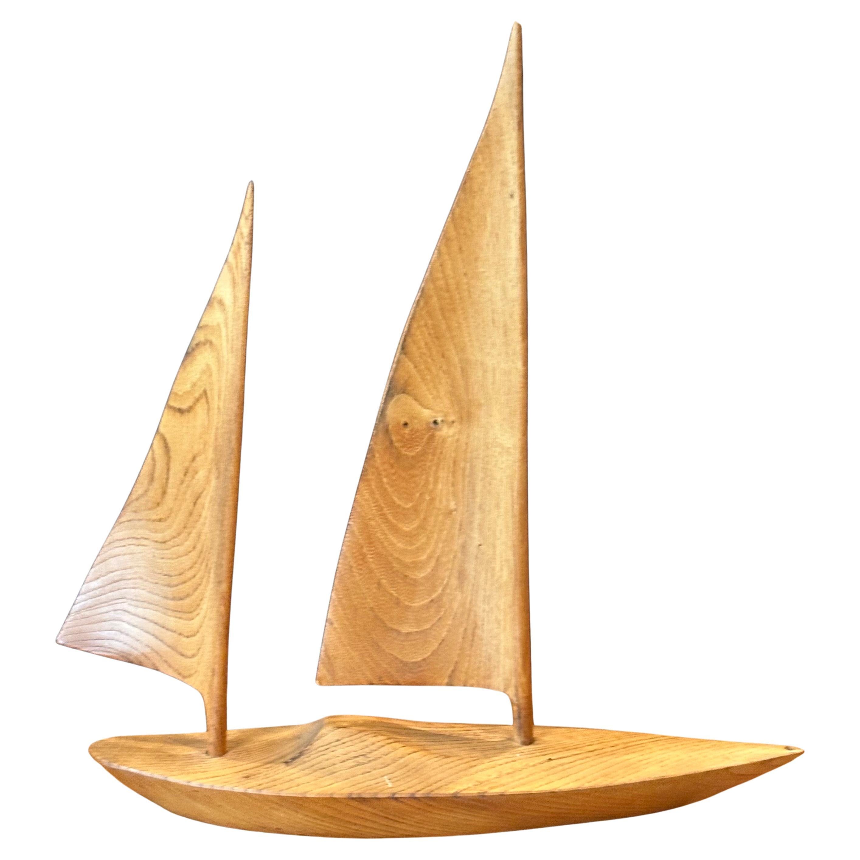 Large Hand Carved Teak Sailboat Sculpture - Signed in vendita 11