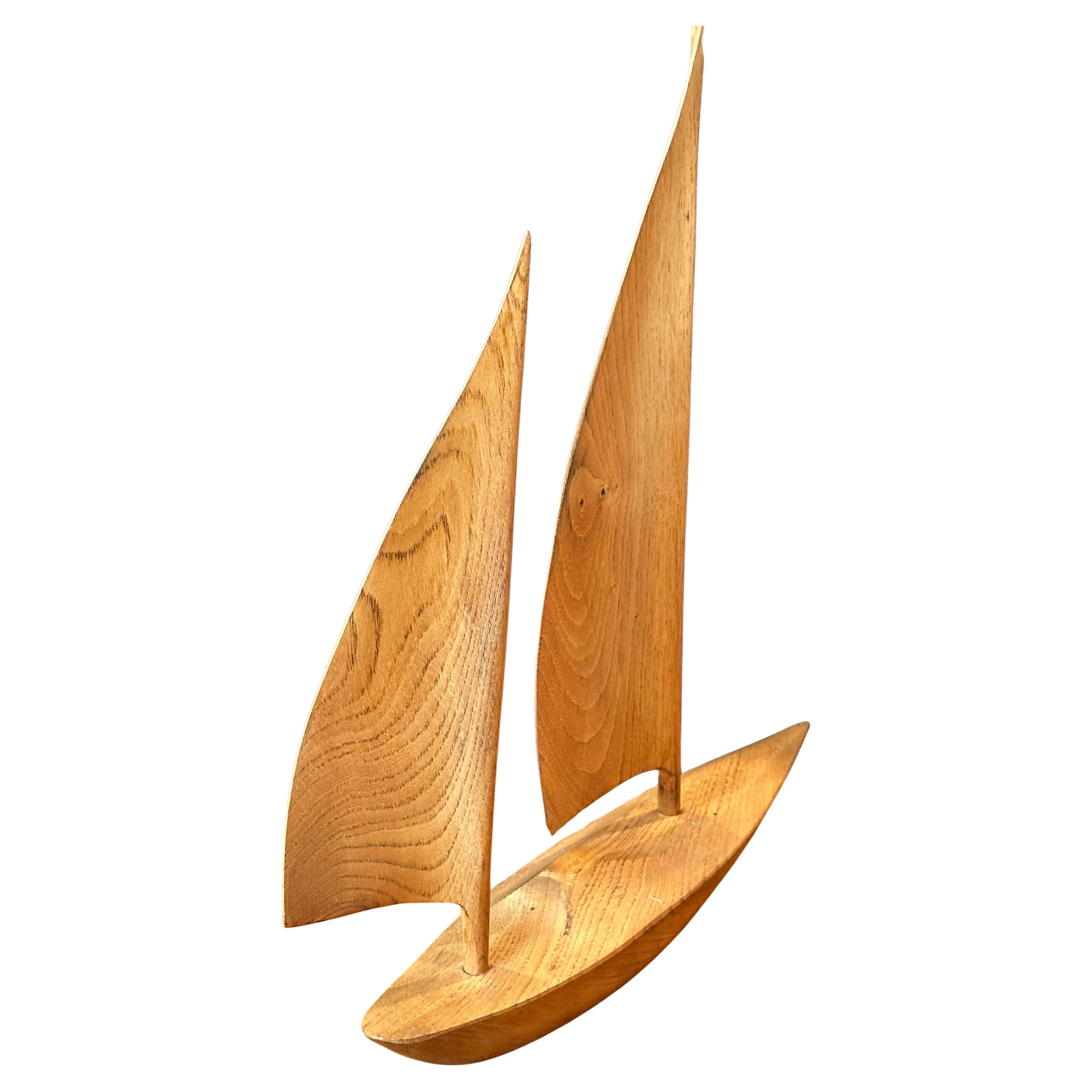 Americano Large Hand Carved Teak Sailboat Sculpture - Signed in vendita