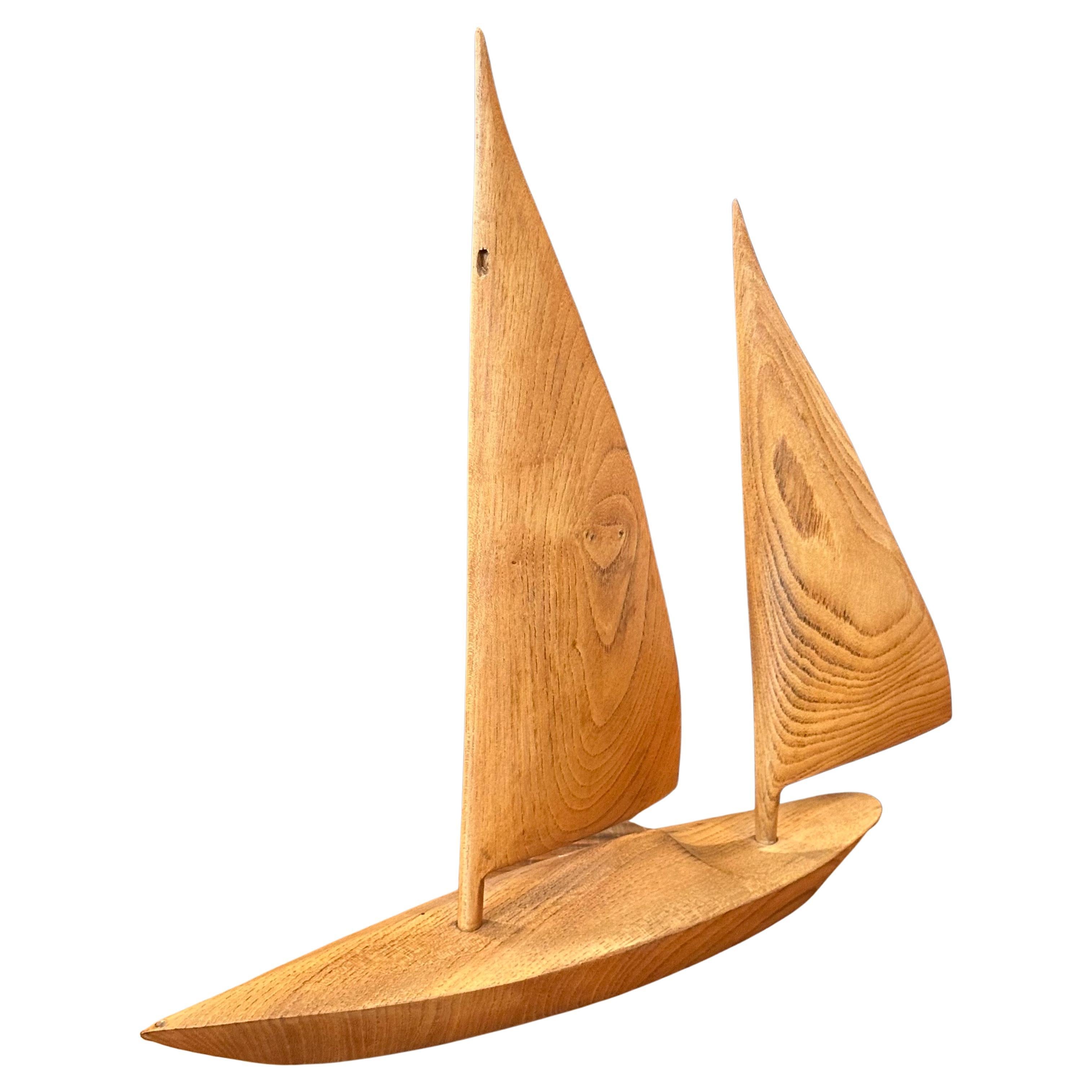Large Hand Carved Teak Sailboat Sculpture - Signed In condizioni buone in vendita a San Diego, CA