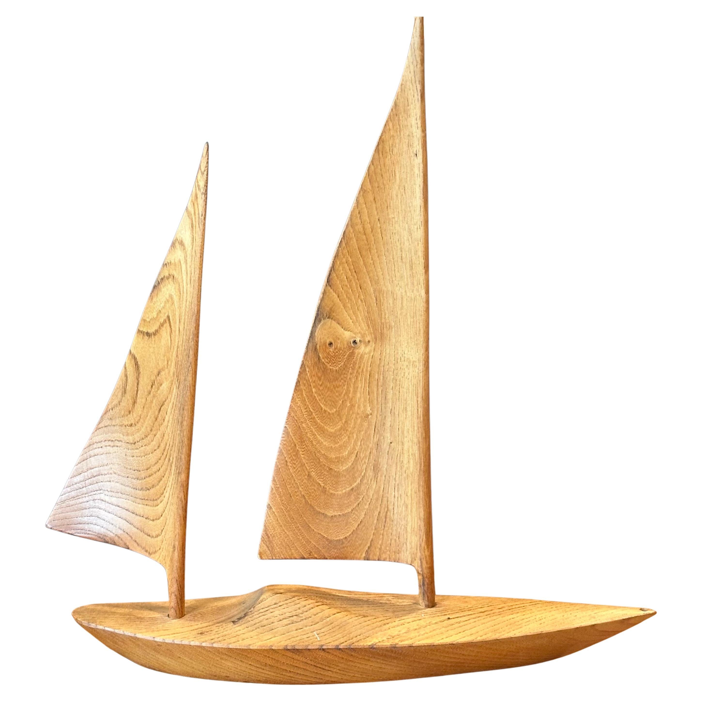 Large Hand Carved Teak Sailboat Sculpture - Signed
