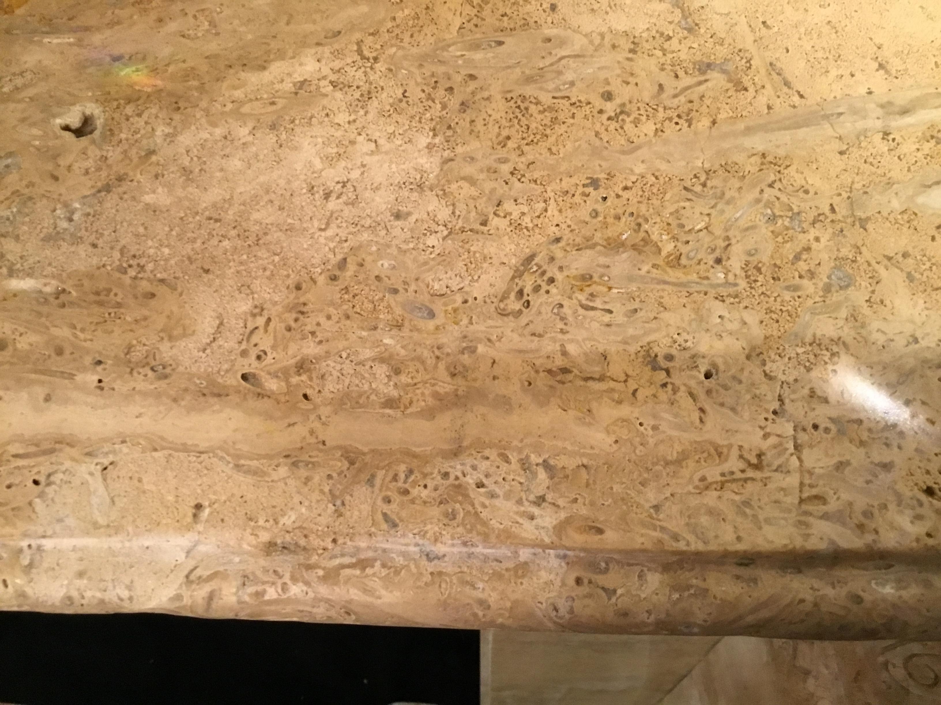 Large Hand Carved Travertine Mantel in Pale Golden Hue For Sale 3