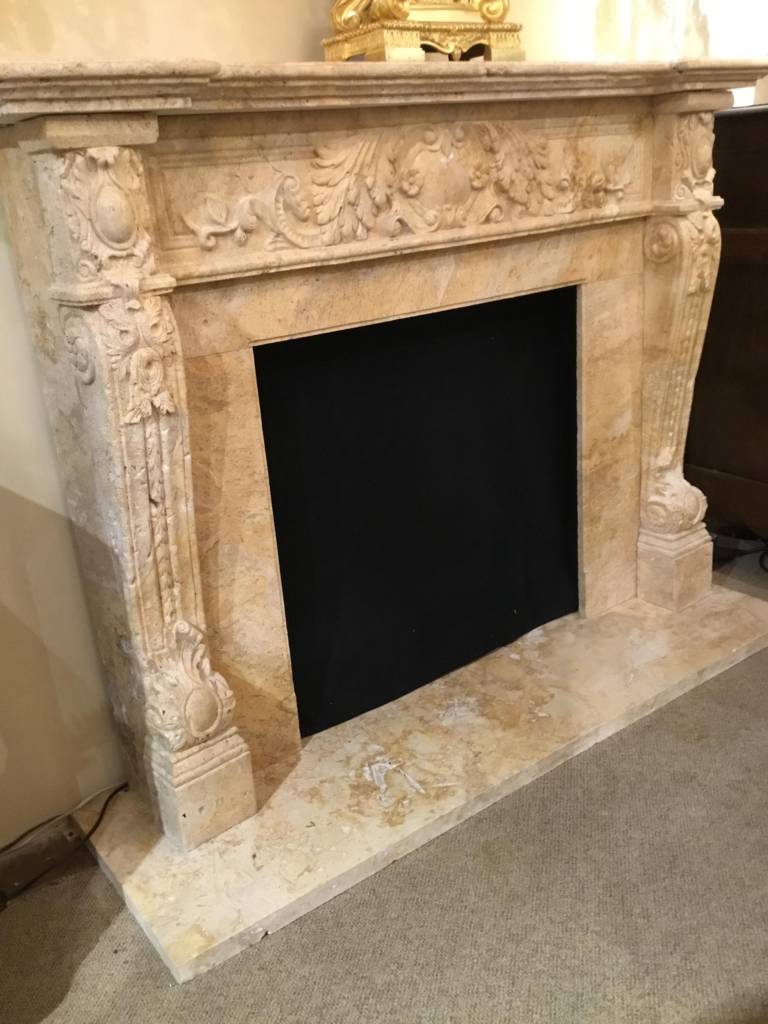 Large Hand Carved Travertine Mantel in Pale Golden Hue For Sale 4