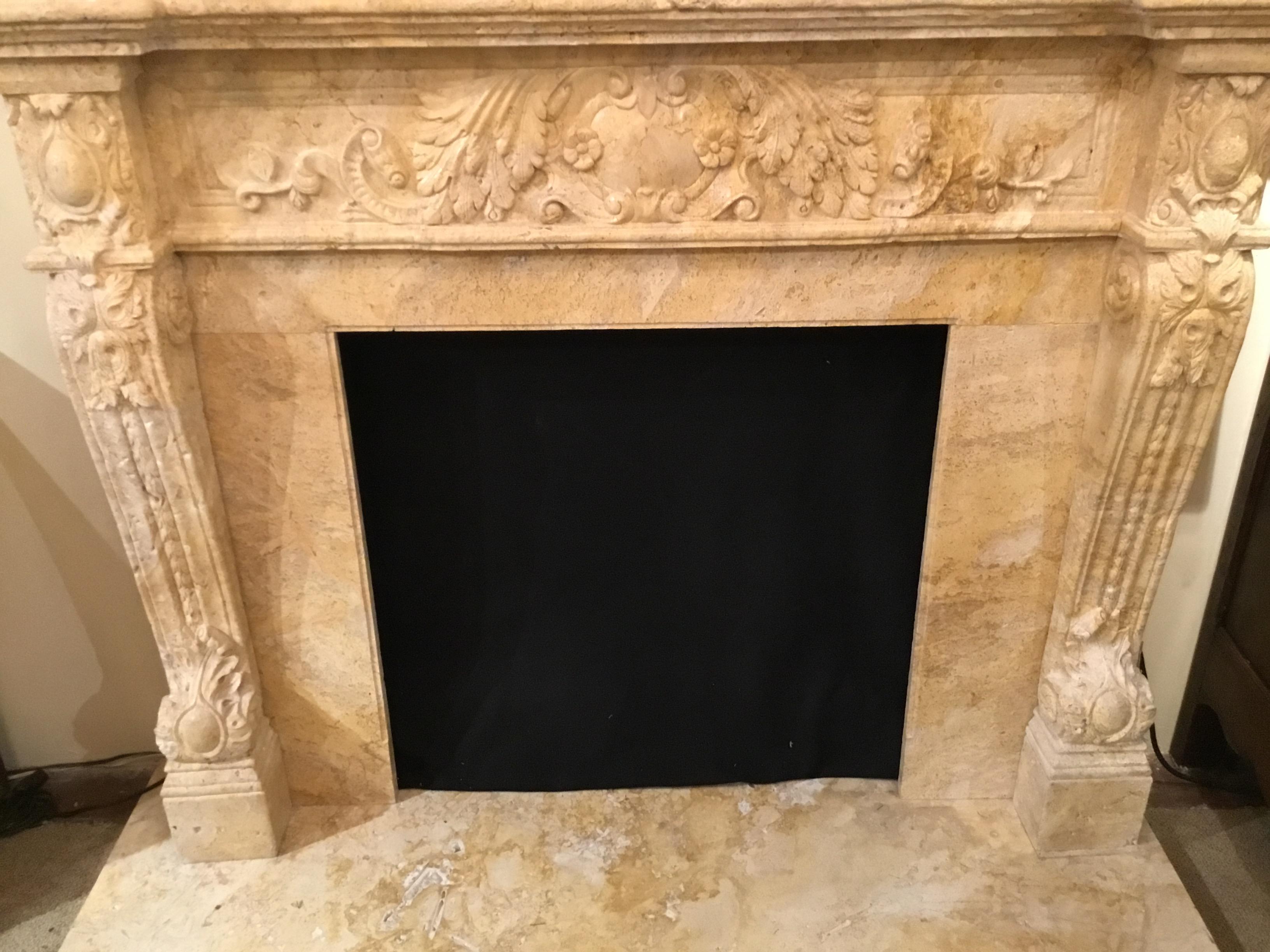 Large Hand Carved Travertine Mantel in Pale Golden Hue For Sale 5