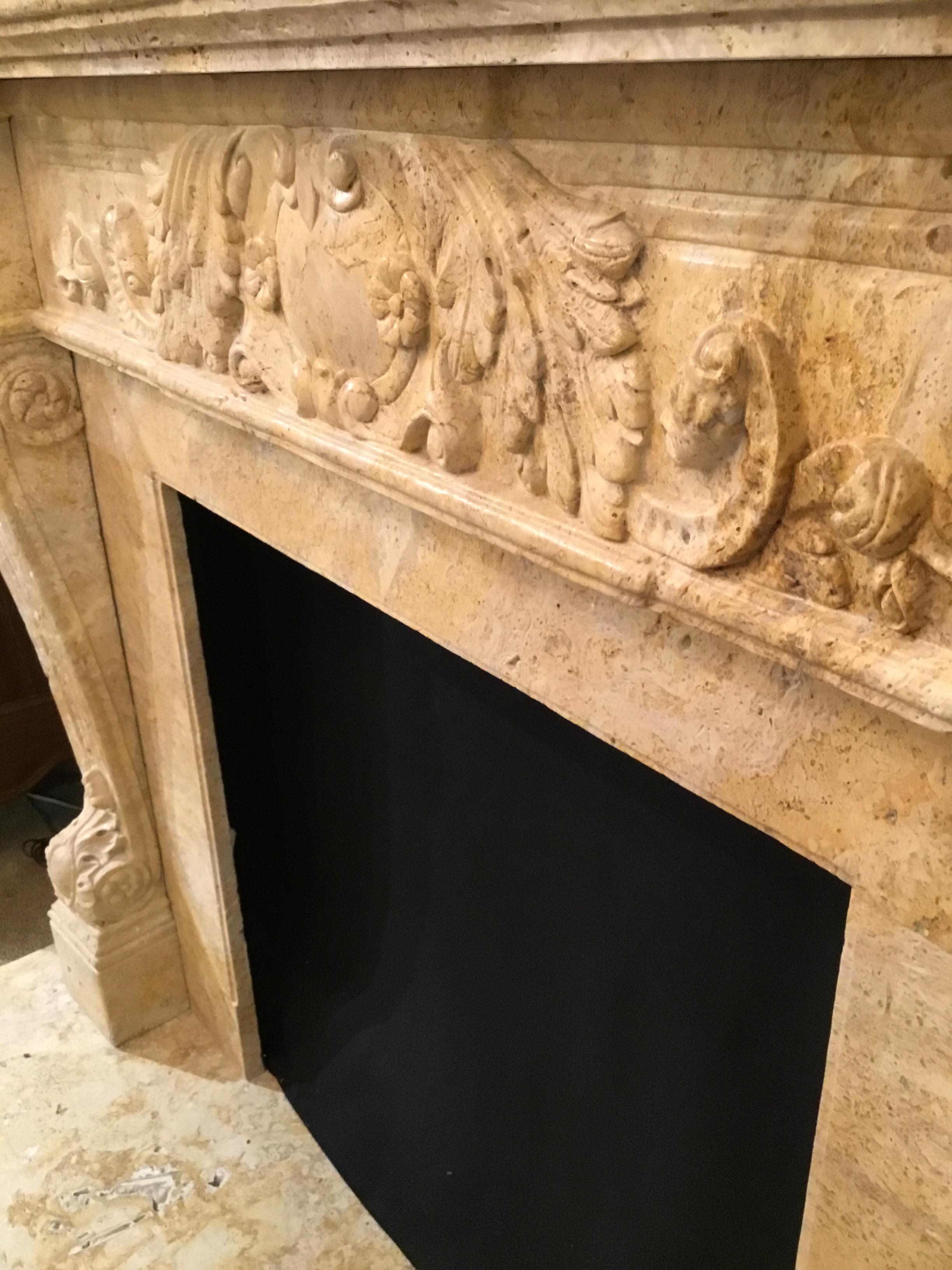 Large Hand Carved Travertine Mantel in Pale Golden Hue For Sale 7