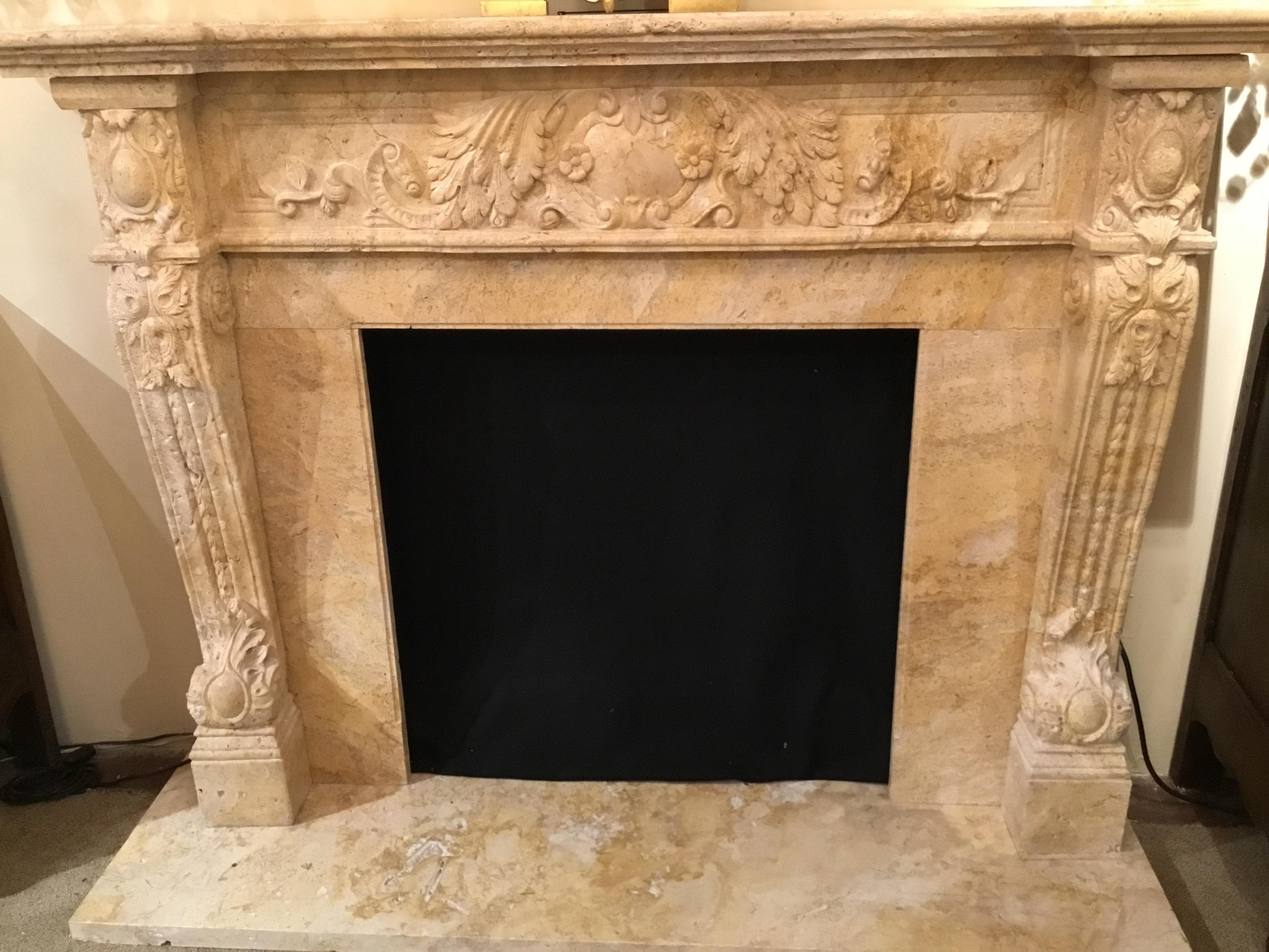 Large Hand Carved Travertine Mantel in Pale Golden Hue For Sale 8