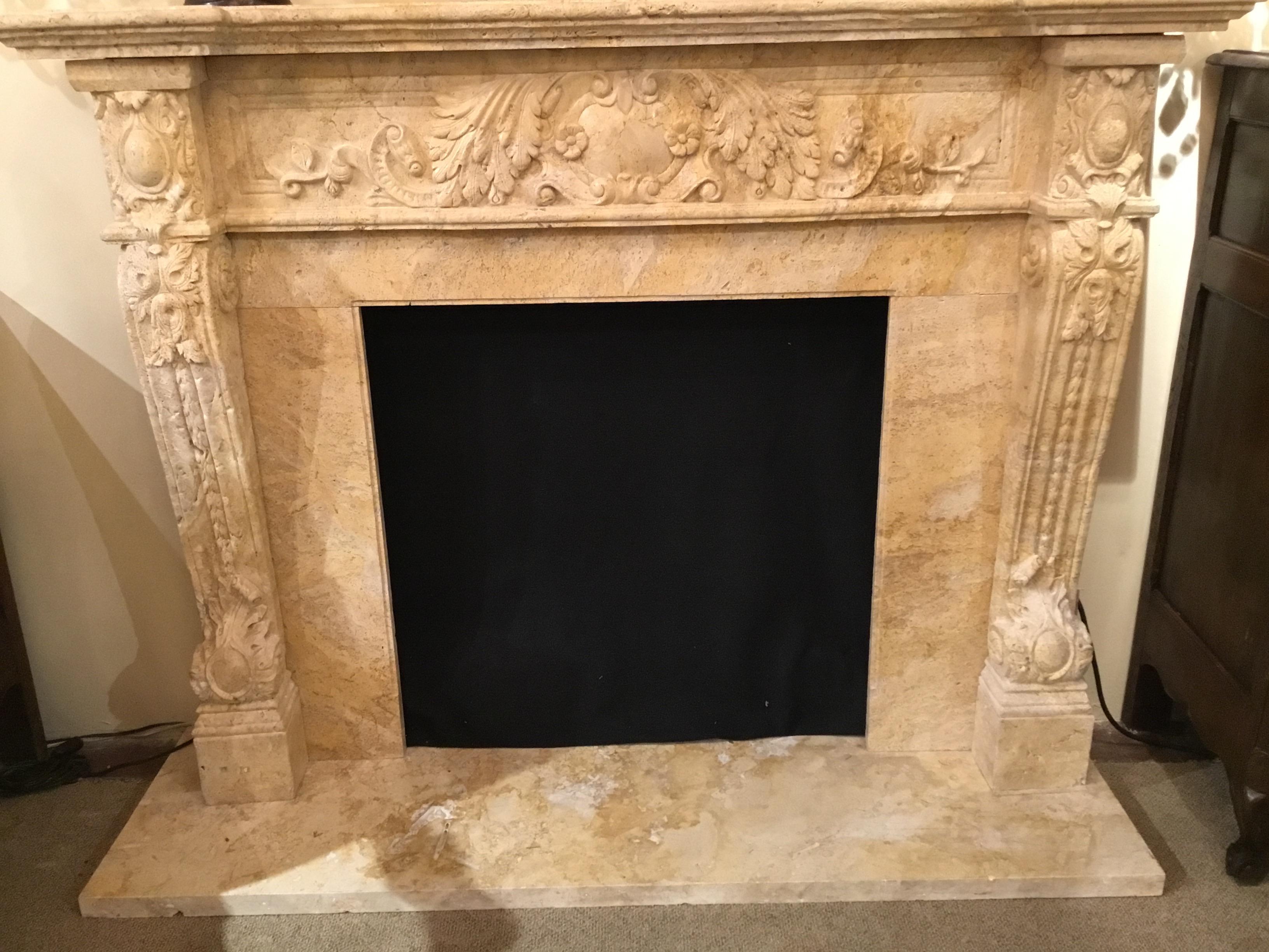 Large Hand Carved Travertine Mantel in Pale Golden Hue For Sale 9
