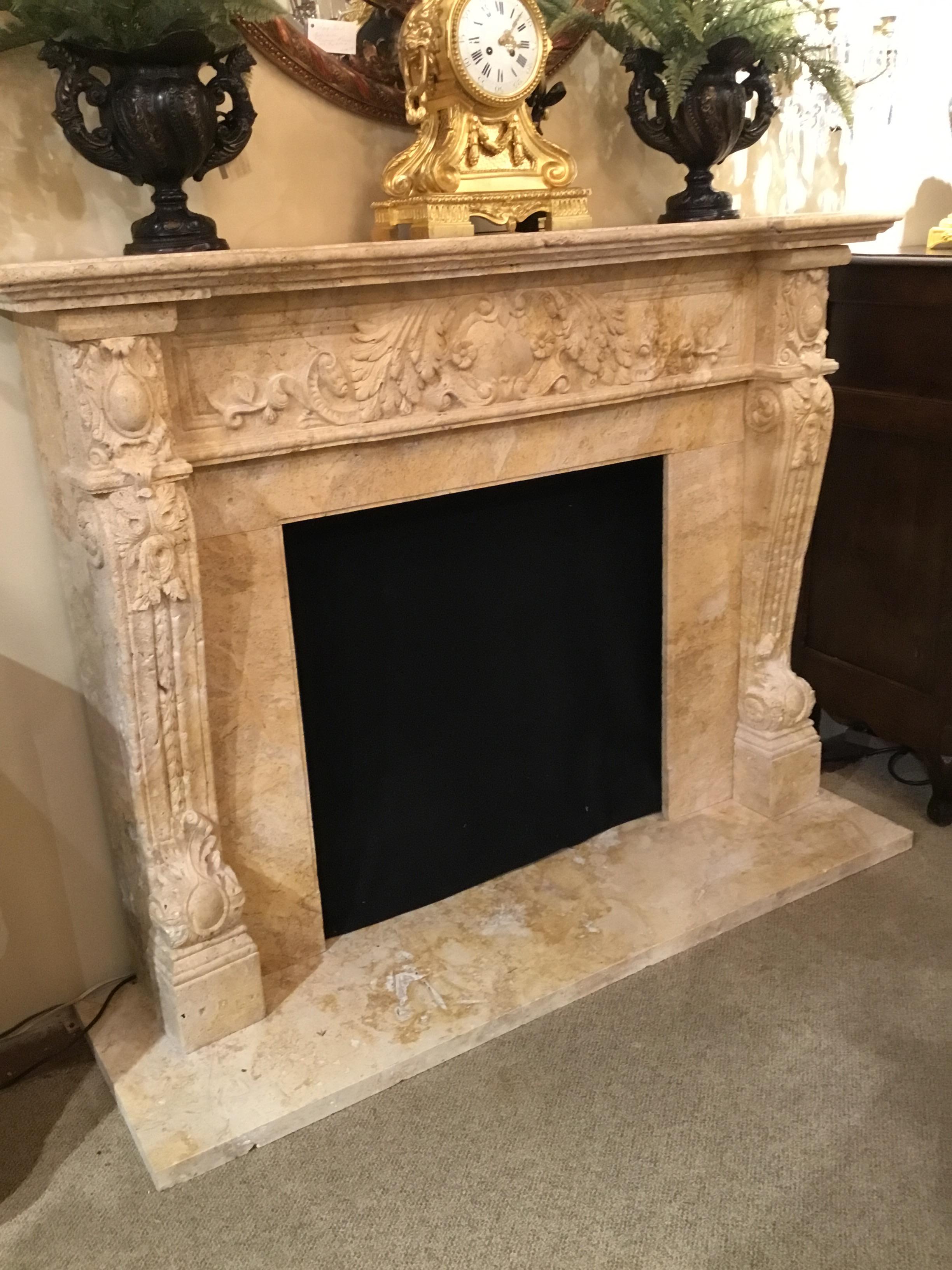 Large Hand Carved Travertine Mantel in Pale Golden Hue For Sale 2