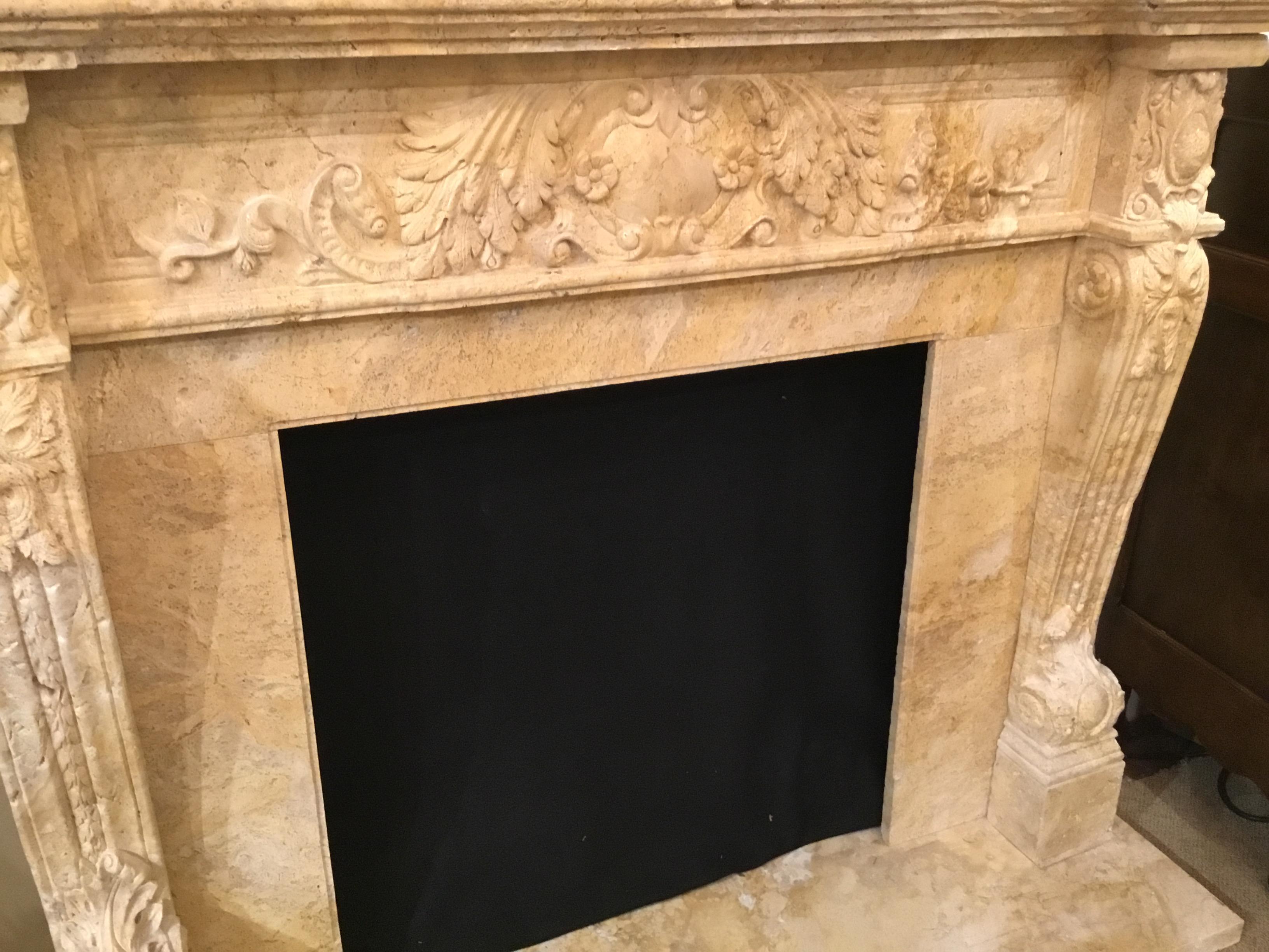 Large Hand Carved Travertine Mantel in Pale Golden Hue In Good Condition For Sale In Houston, TX