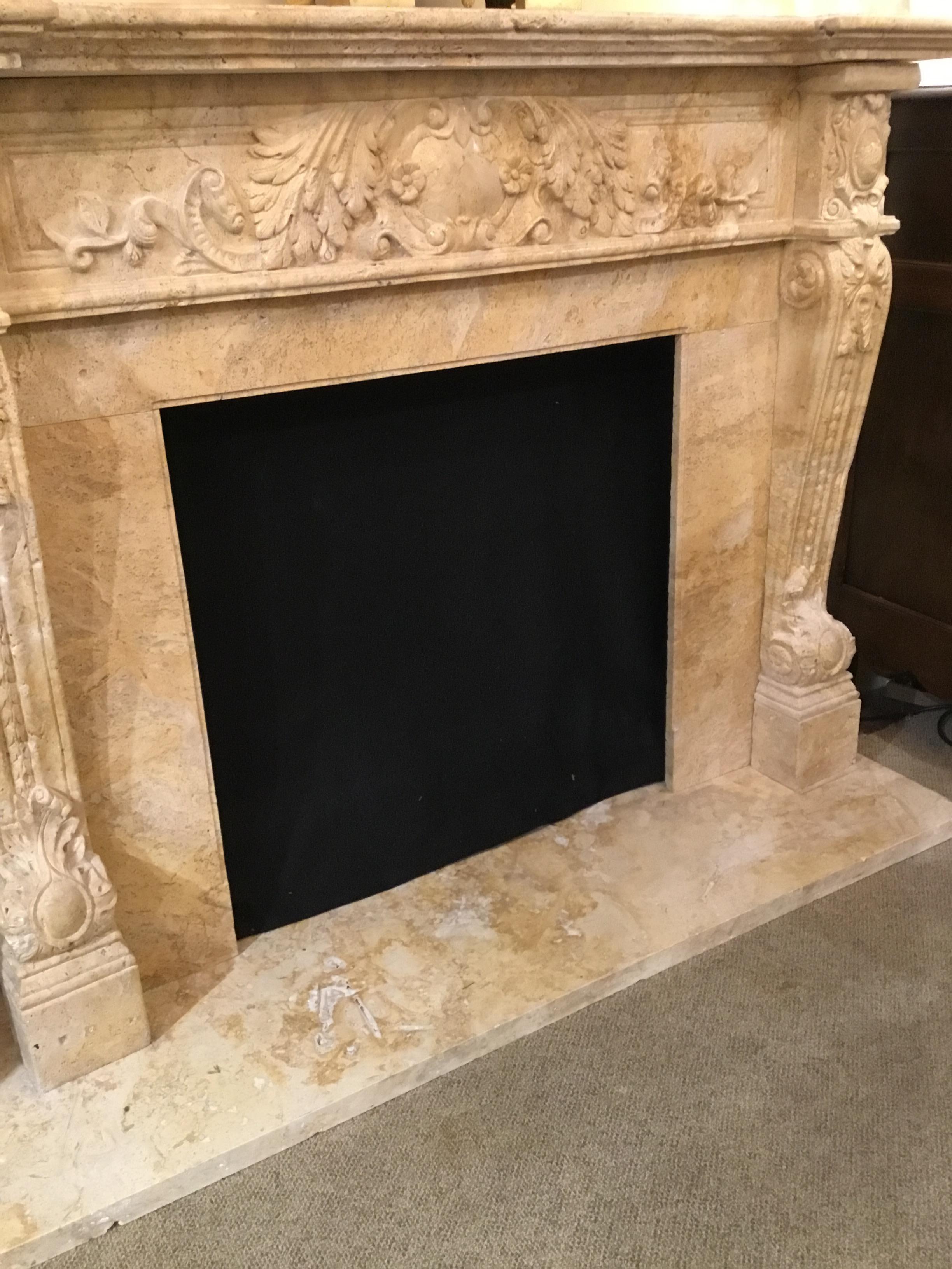 Large Hand Carved Travertine Mantel in Pale Golden Hue For Sale 1