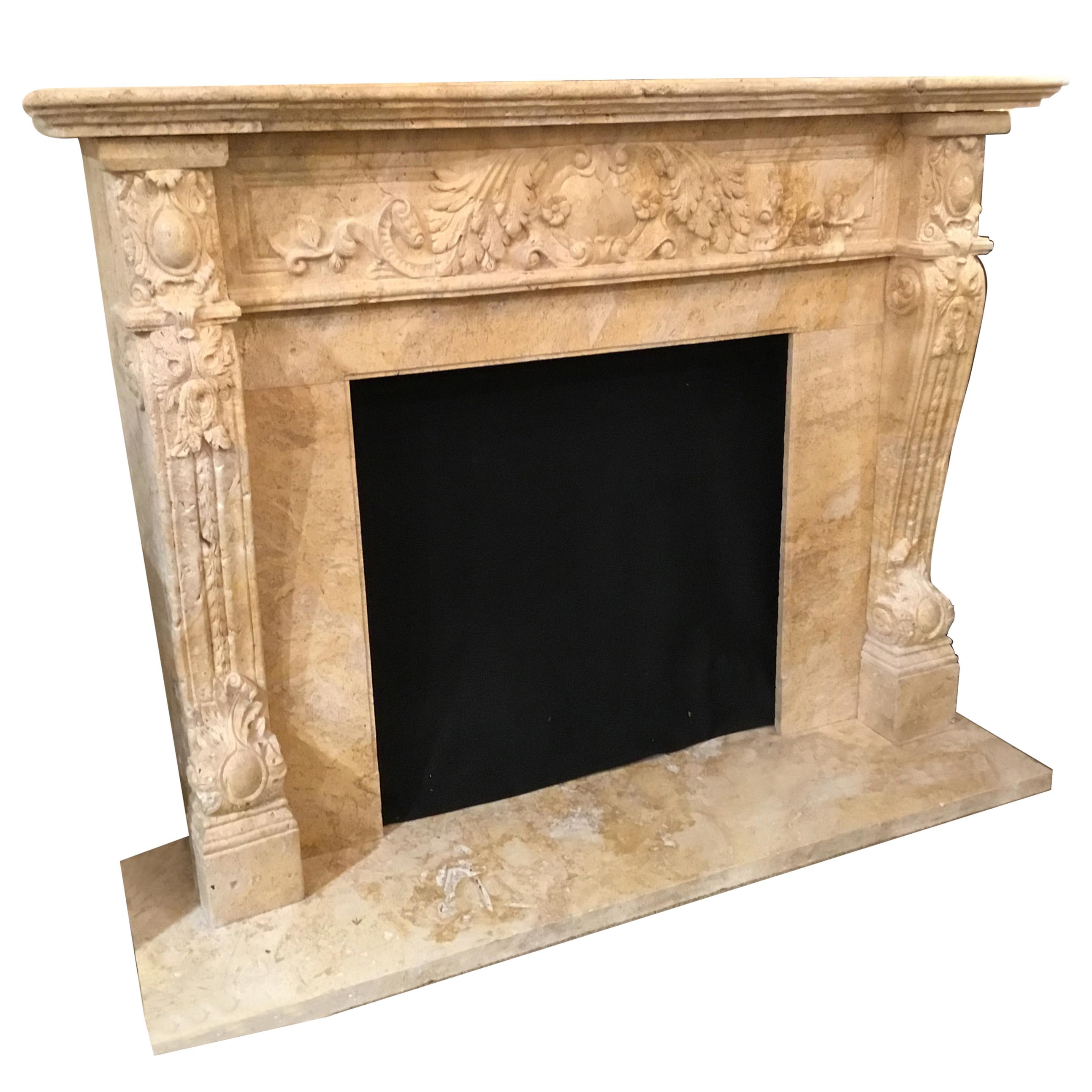 Large Hand Carved Travertine Mantel in Pale Golden Hue For Sale