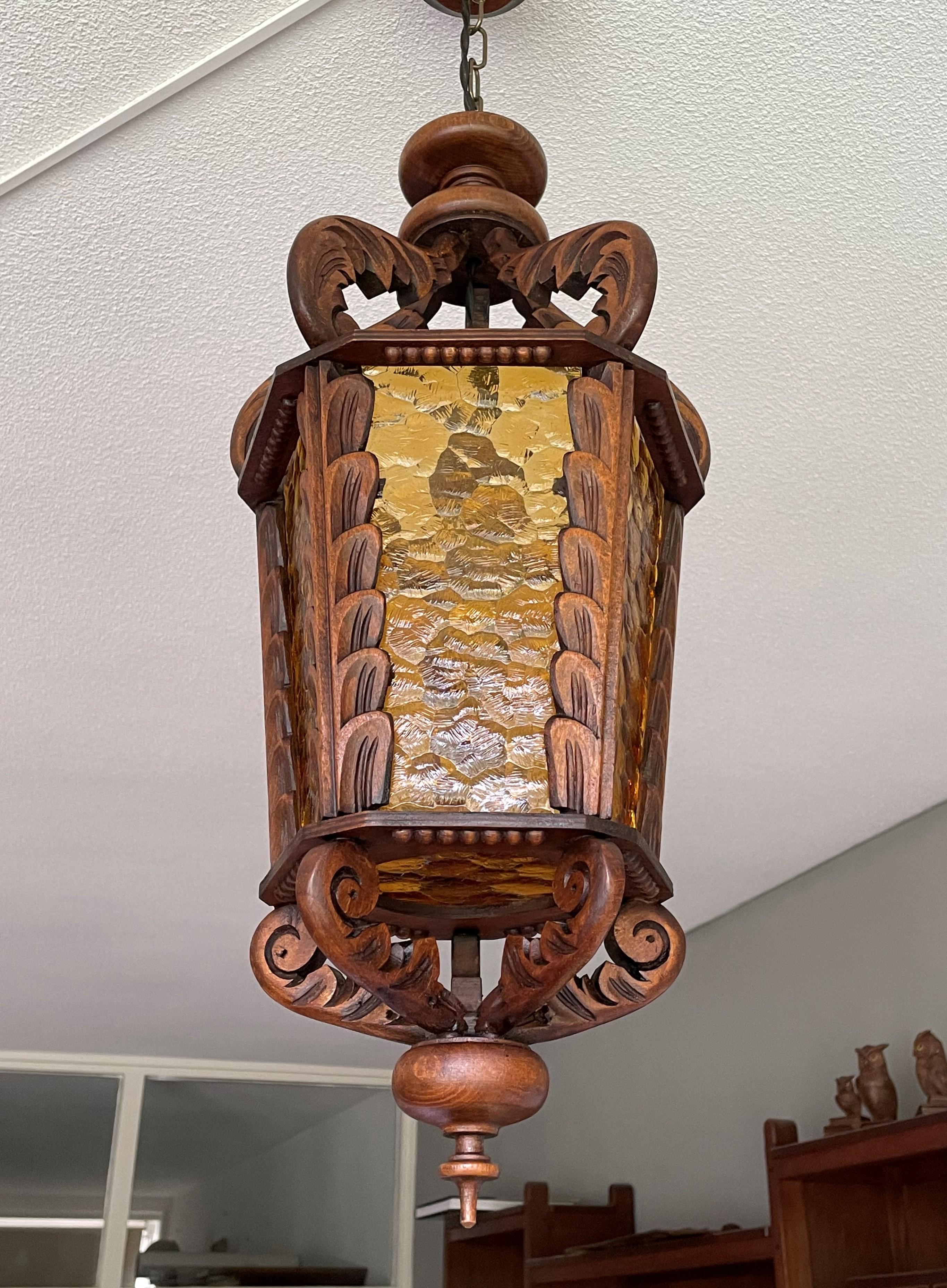 Mid-20th Century Large Hand Carved Vintage Wooden Pendant Light / Lantern with Amber Glass Panels For Sale