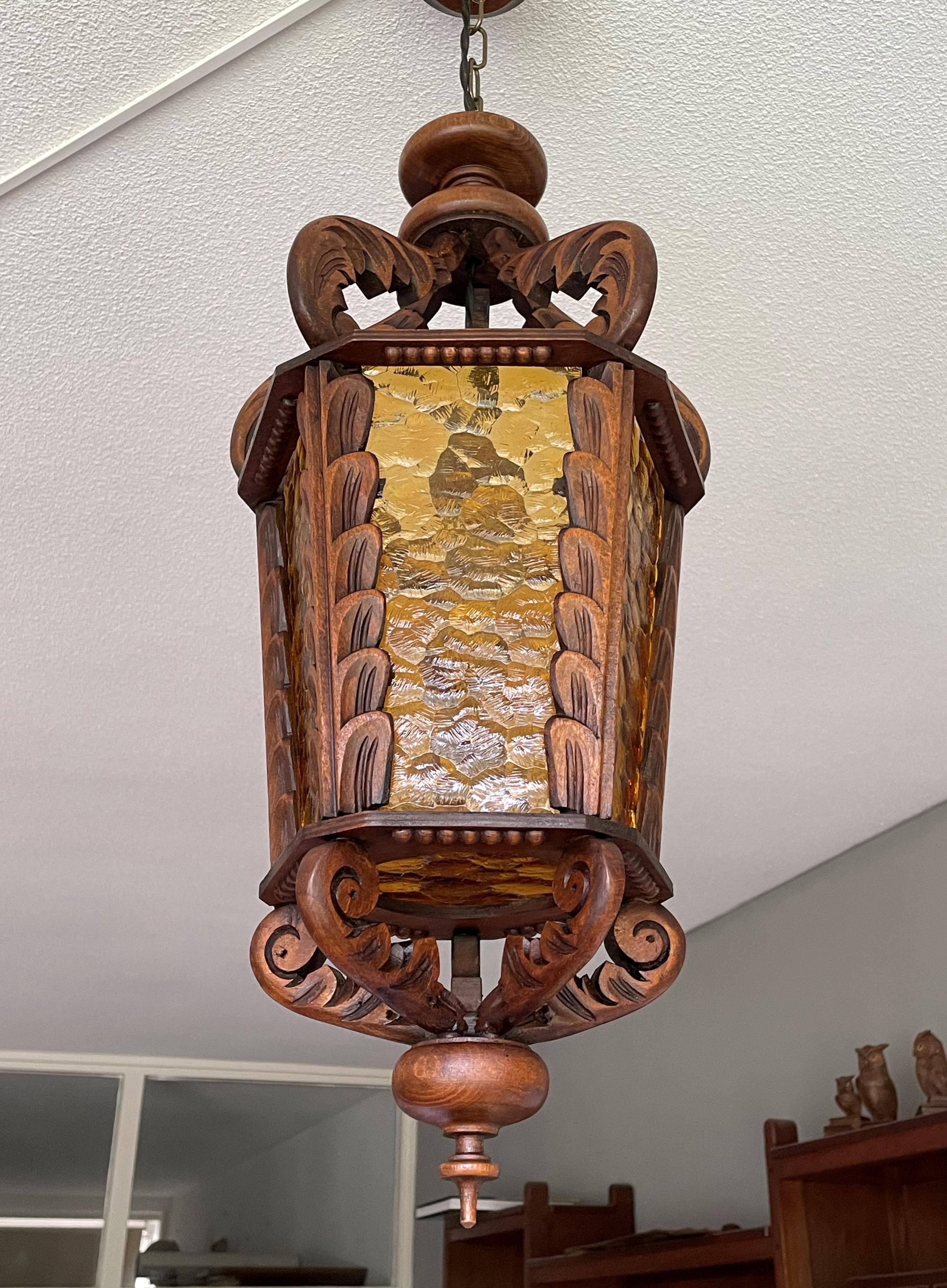Mid-20th Century Large Hand Carved Vintage Wooden Pendant Light / Lantern with Amber Glass Panels