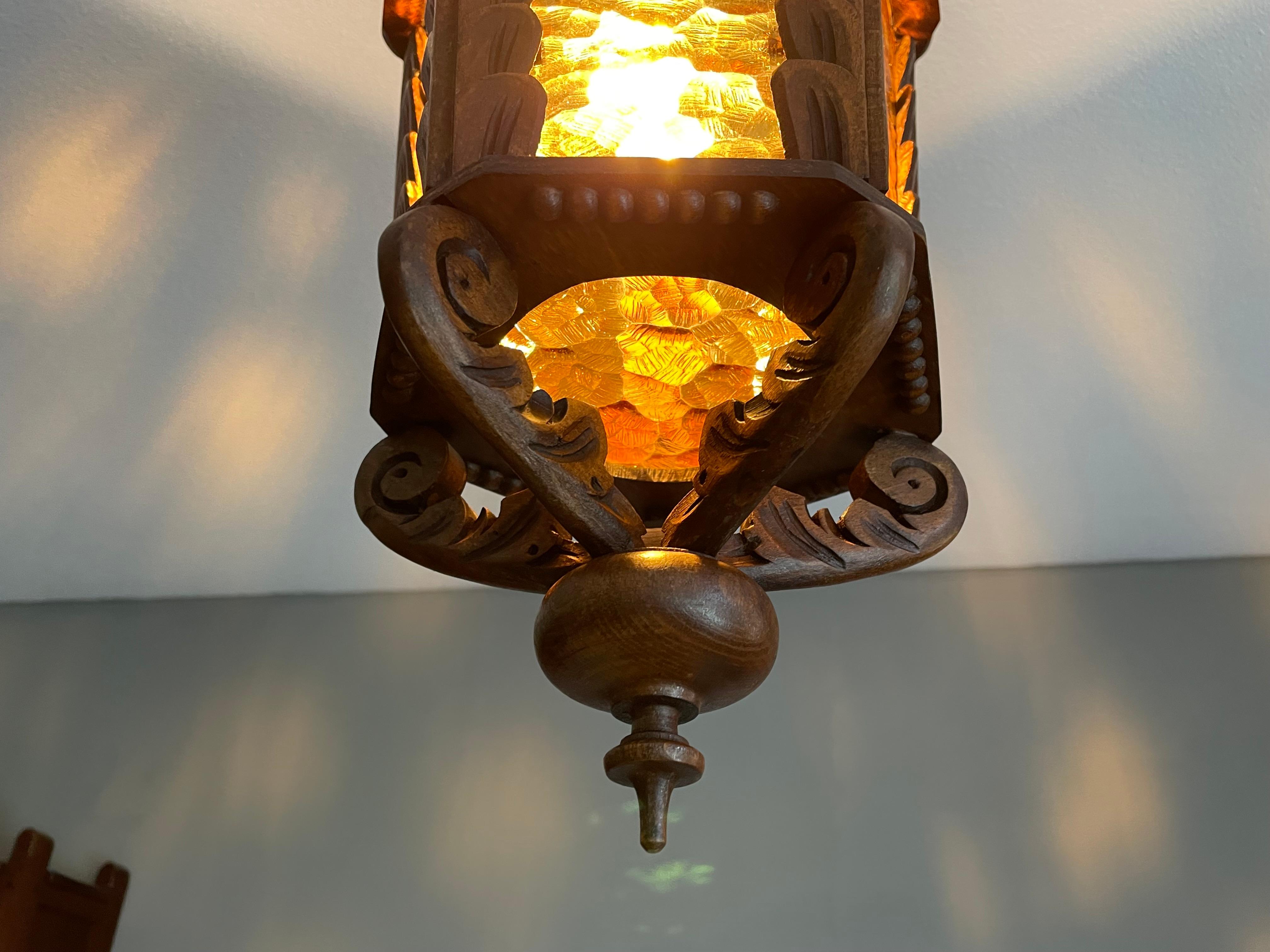 Large Hand Carved Vintage Wooden Pendant Light / Lantern with Amber Glass Panels For Sale 1