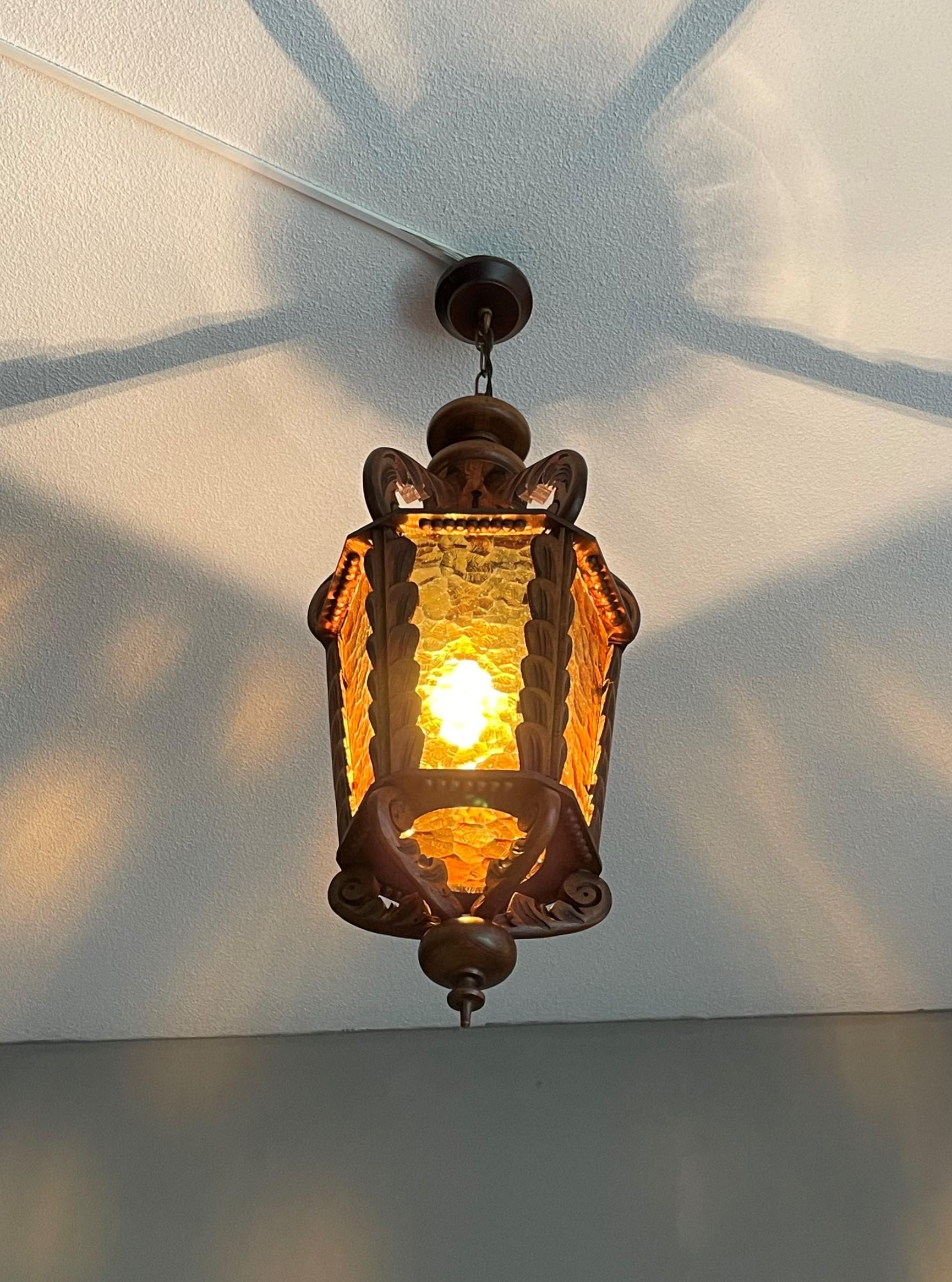 Large Hand Carved Vintage Wooden Pendant Light / Lantern with Amber Glass Panels For Sale 3