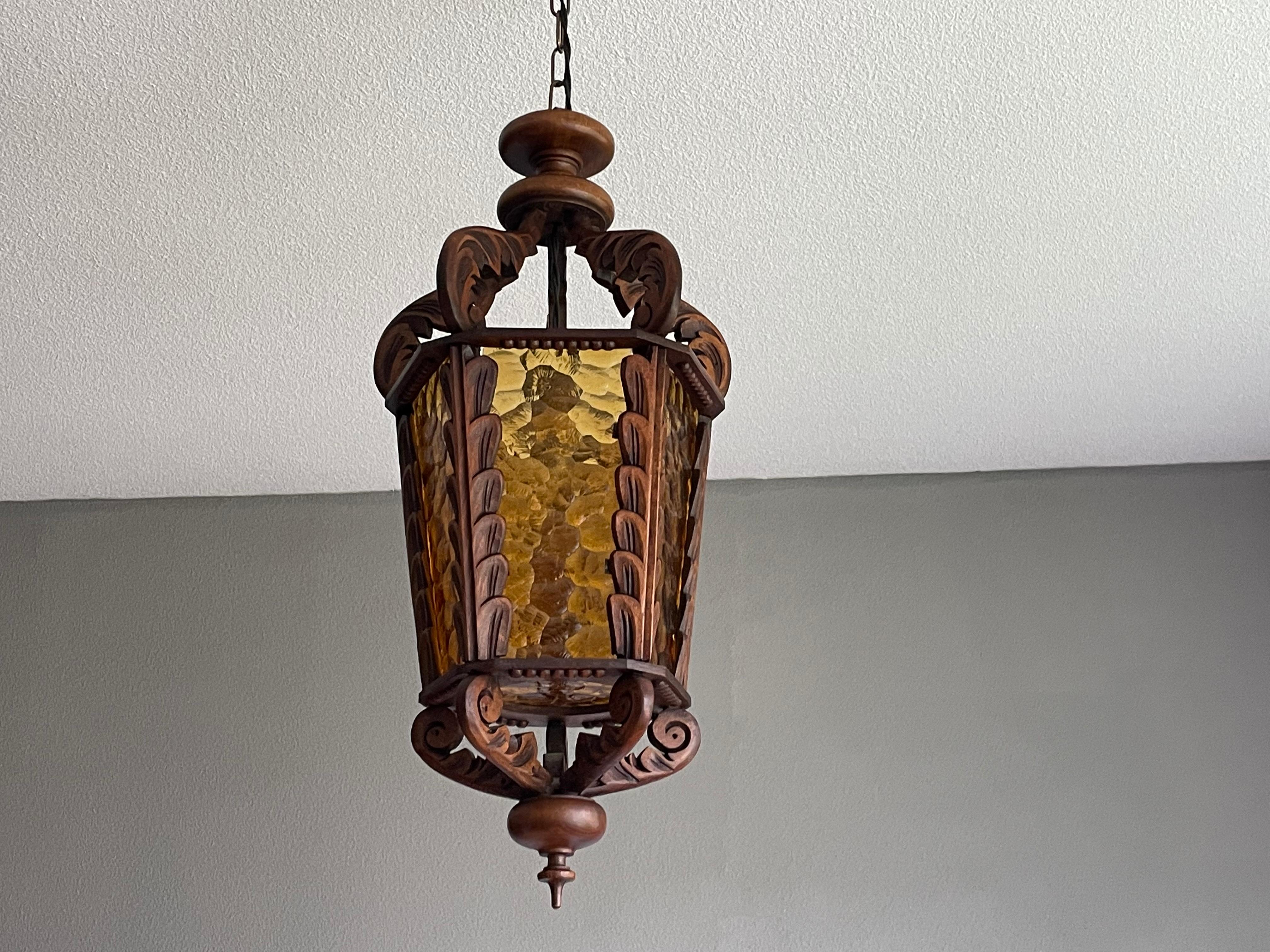 Large Hand Carved Vintage Wooden Pendant Light / Lantern with Amber Glass Panels For Sale 4