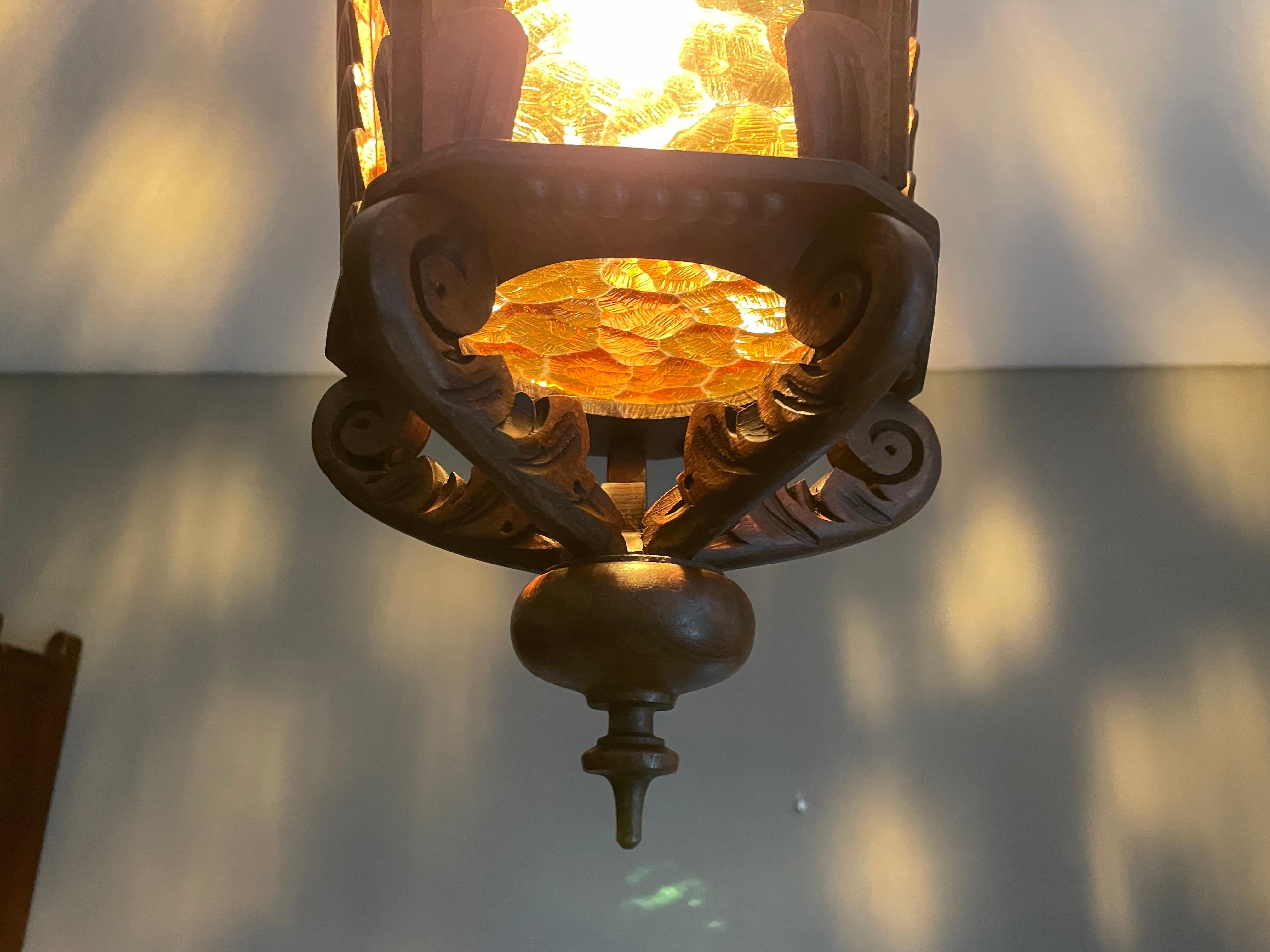 Large Hand Carved Vintage Wooden Pendant Light / Lantern with Amber Glass Panels For Sale 5