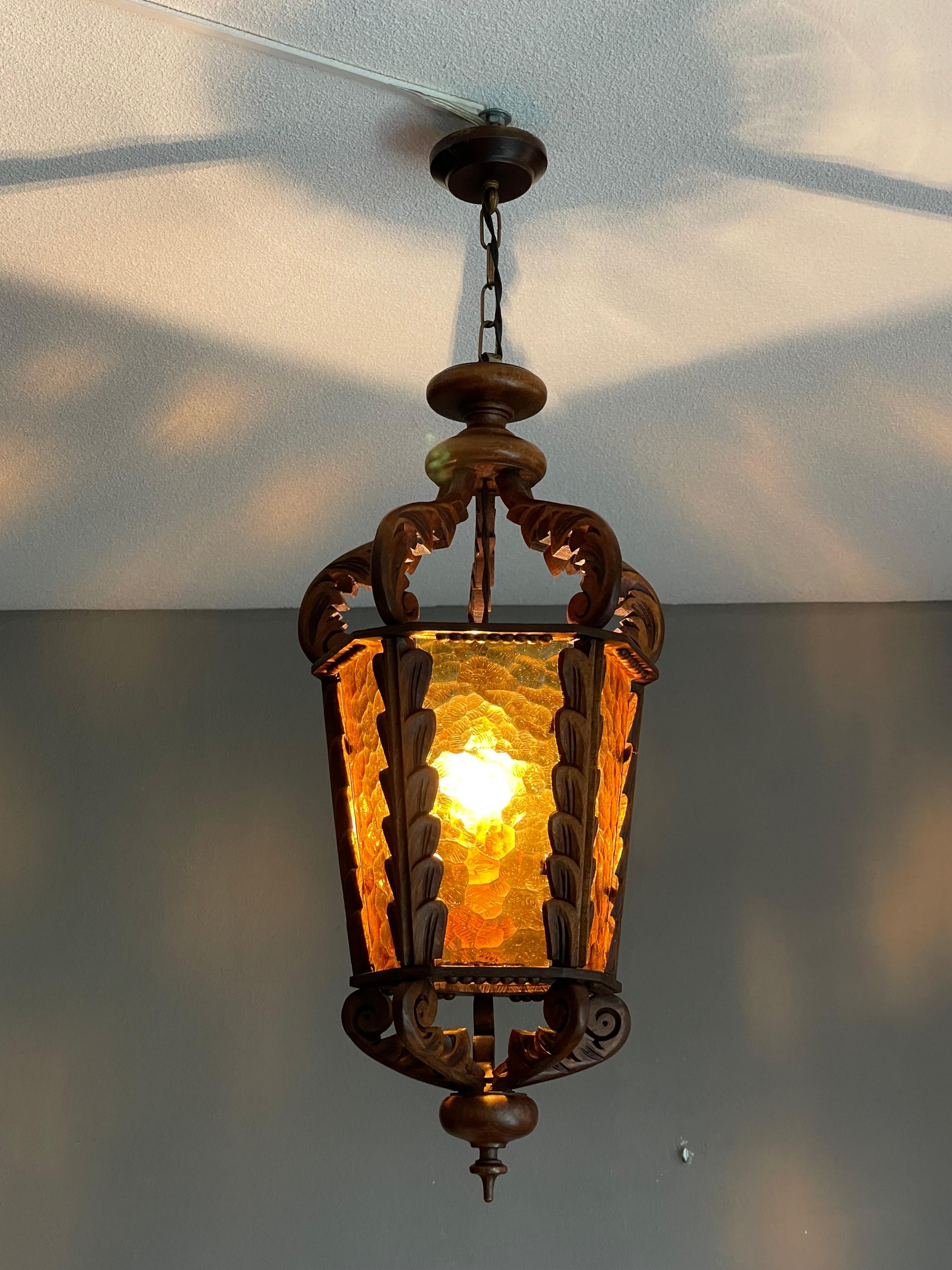 Large Hand Carved Vintage Wooden Pendant Light / Lantern with Amber Glass Panels For Sale 7