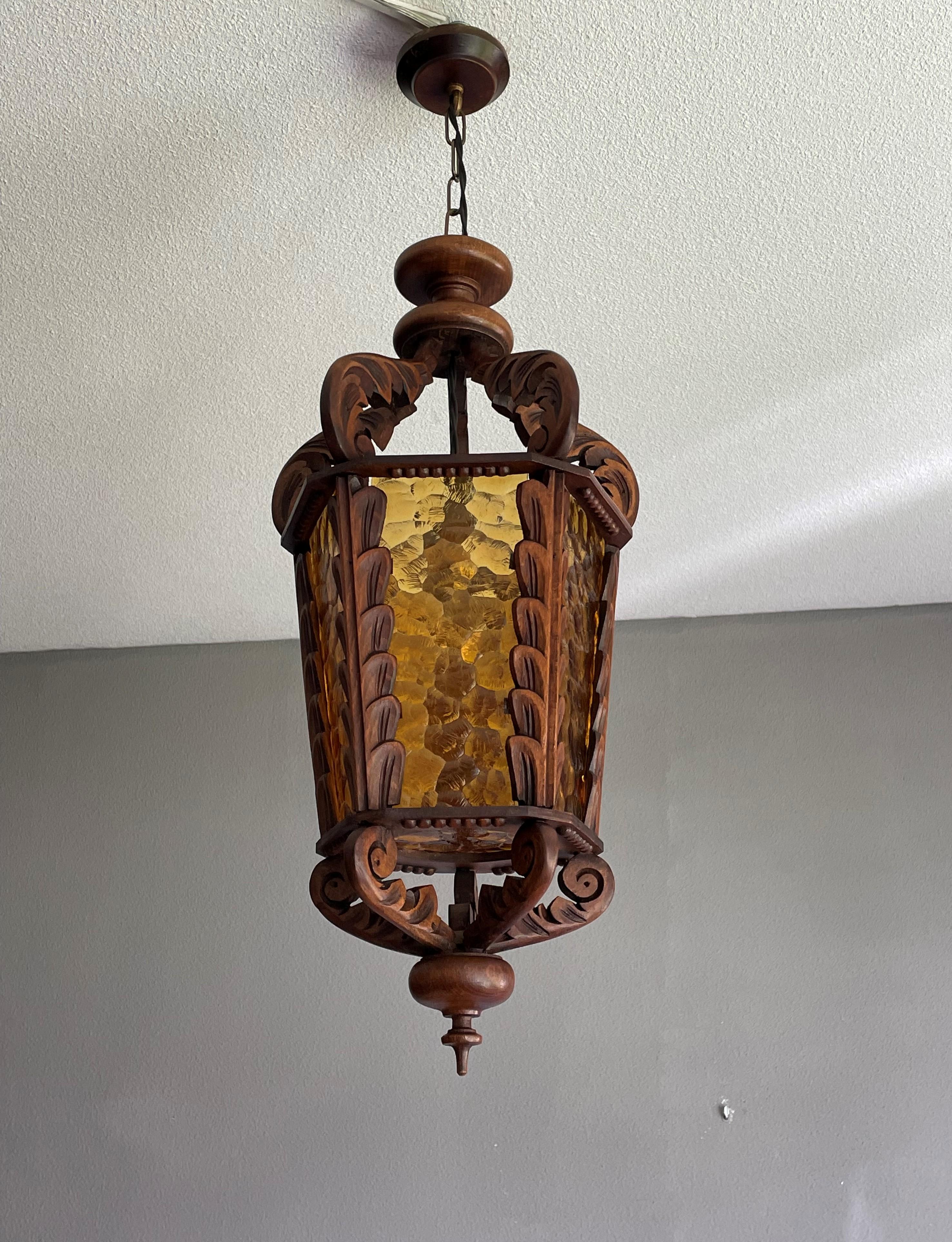 Large Hand Carved Vintage Wooden Pendant Light / Lantern with Amber Glass Panels For Sale 9