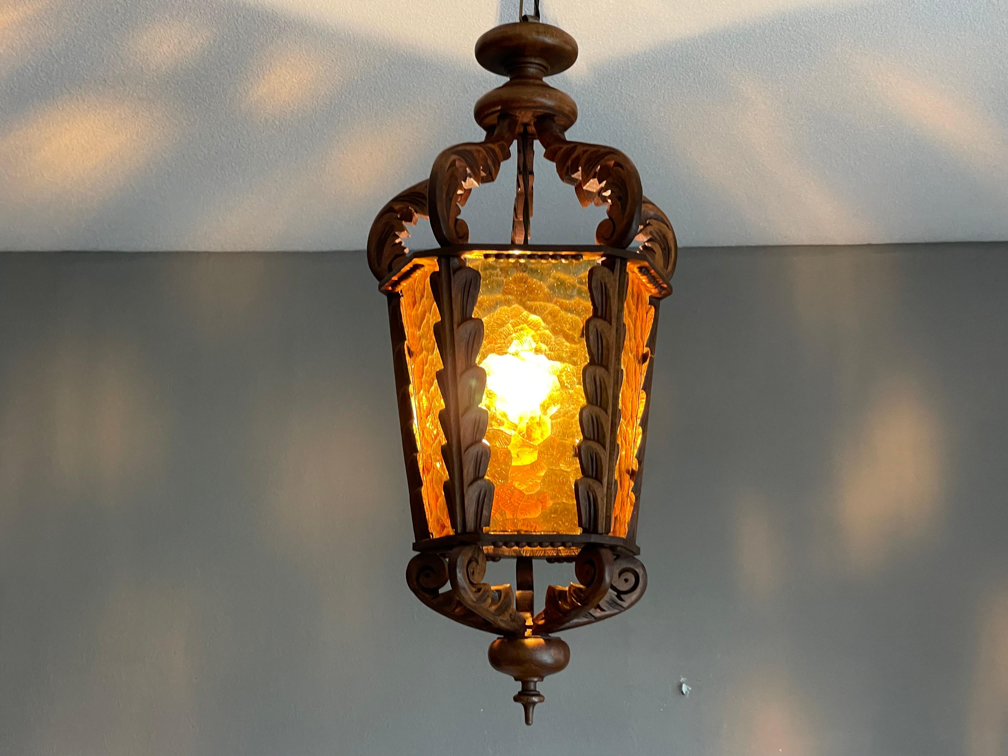 European Large Hand Carved Vintage Wooden Pendant Light / Lantern with Amber Glass Panels For Sale