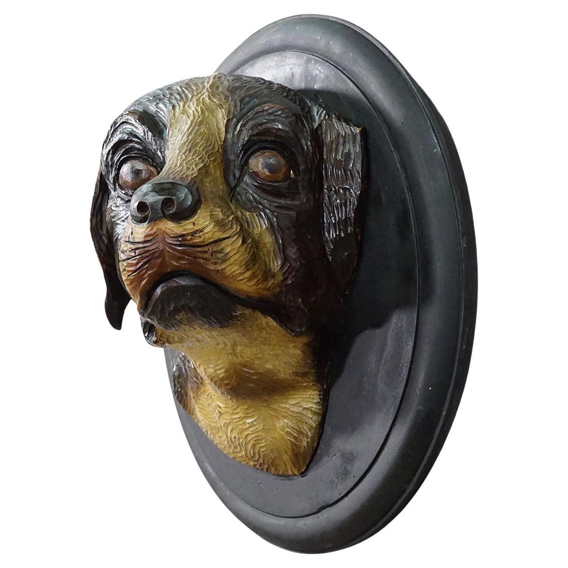 Large Hand Carved Wall Sculpture of a Hunting Dog’s Head, ca. 1900s