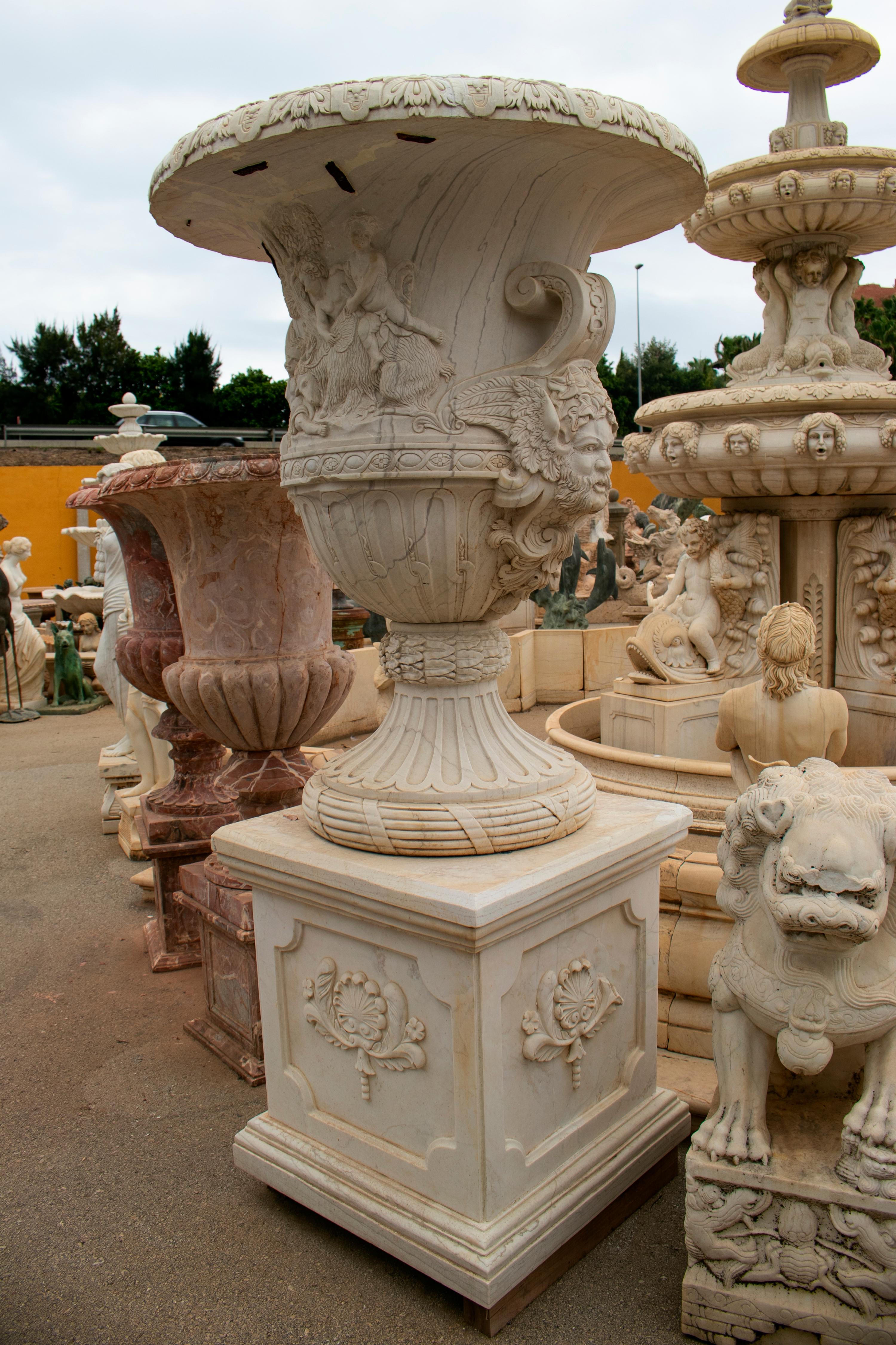 European Large Hand Carved White Marble Planter with Base