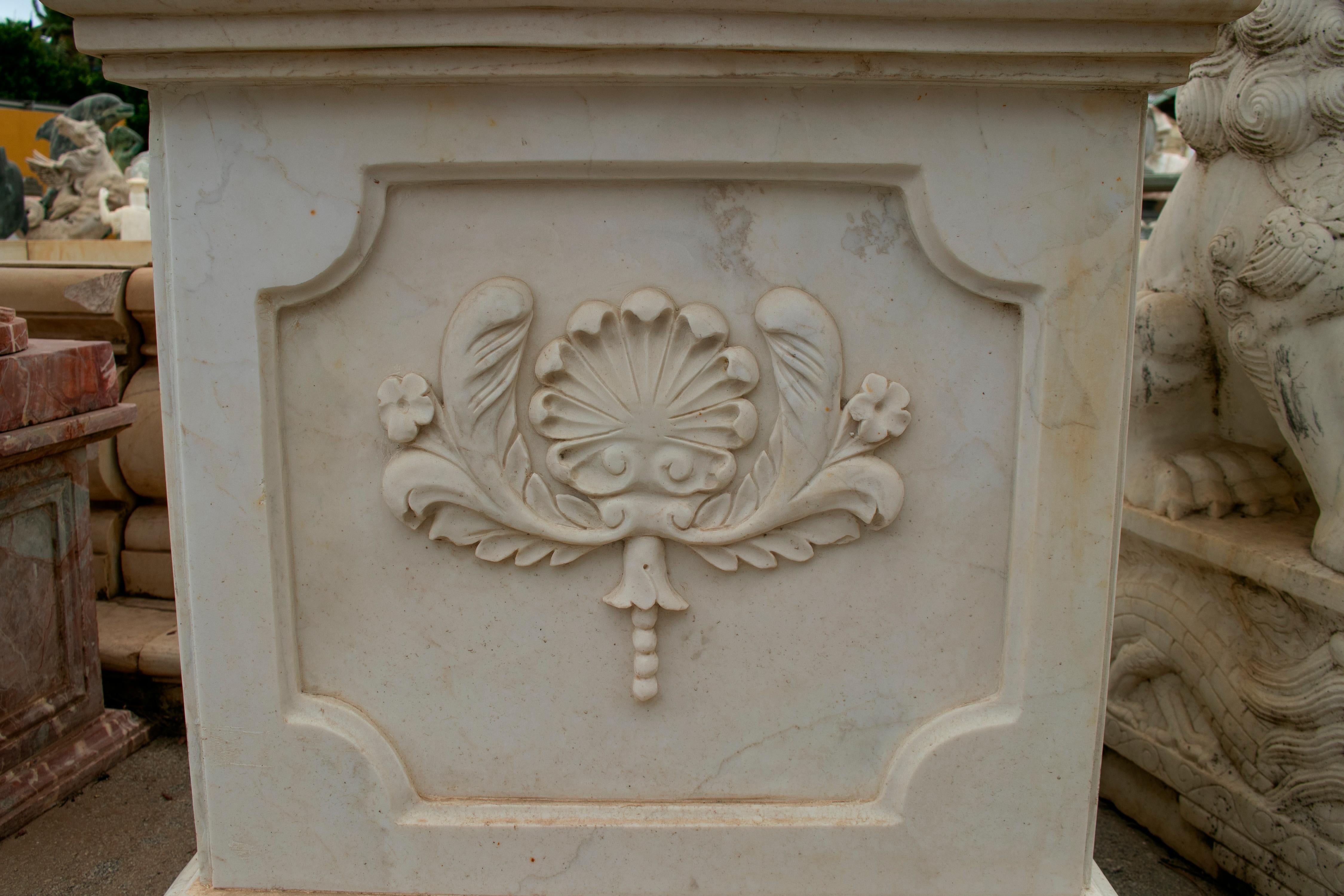Large Hand Carved White Marble Planter with Base 2