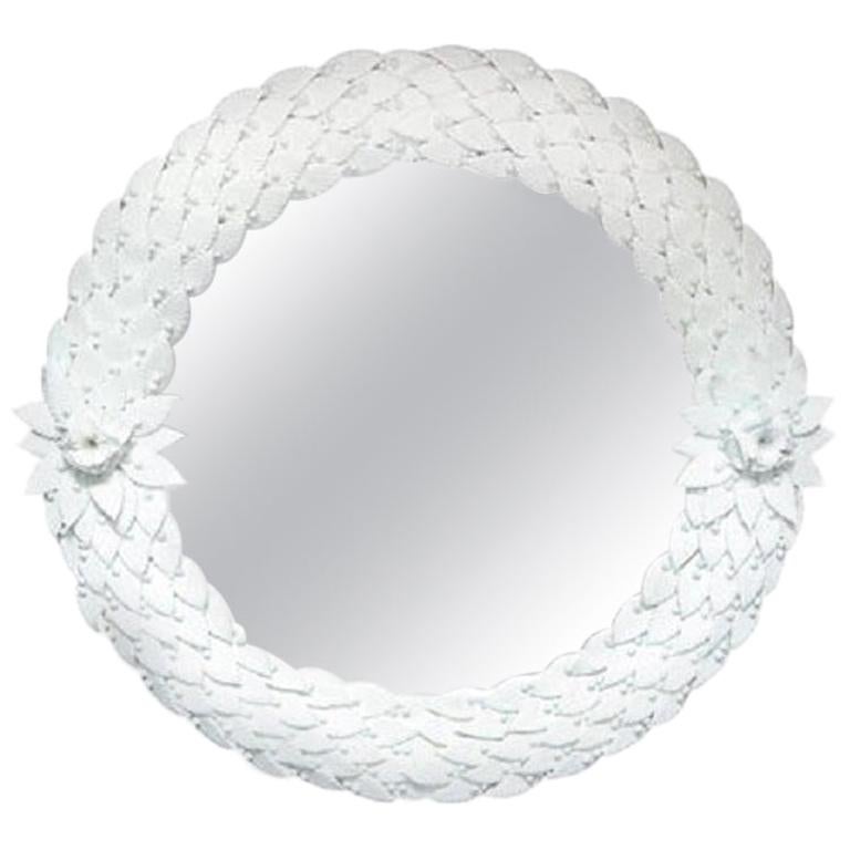 Large Round Hand Carved White Murano Glass Leaf Mirror, Italy, Pair Available