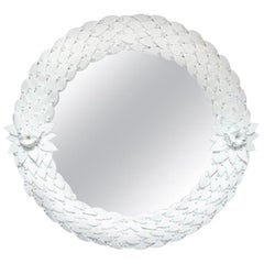 Large Round Hand Carved White Murano Glass Leaf Mirror, Italy, Pair Available