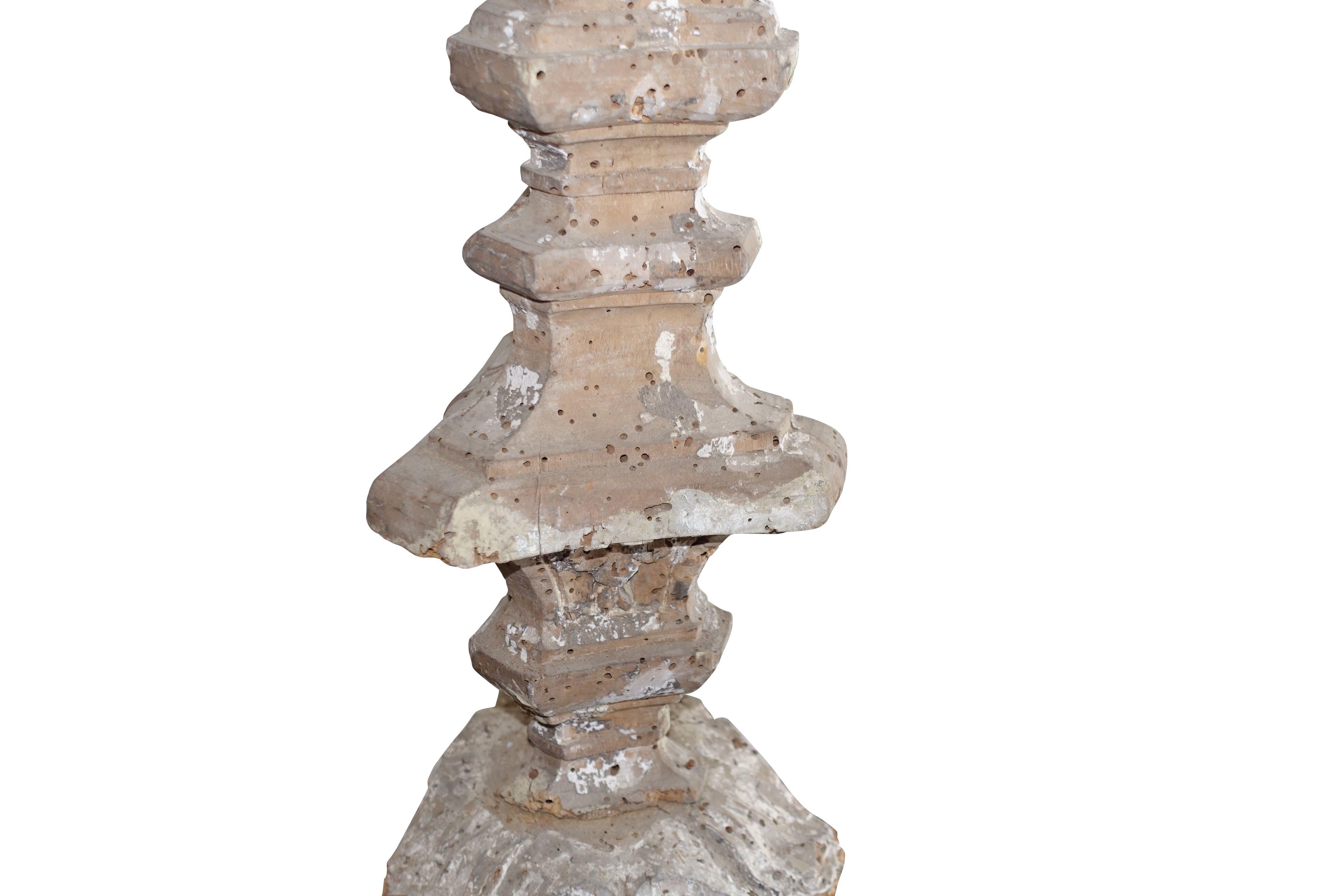 Italian Large Hand Carved White Weathered Wood Candlestick, Italy, 19th Century For Sale