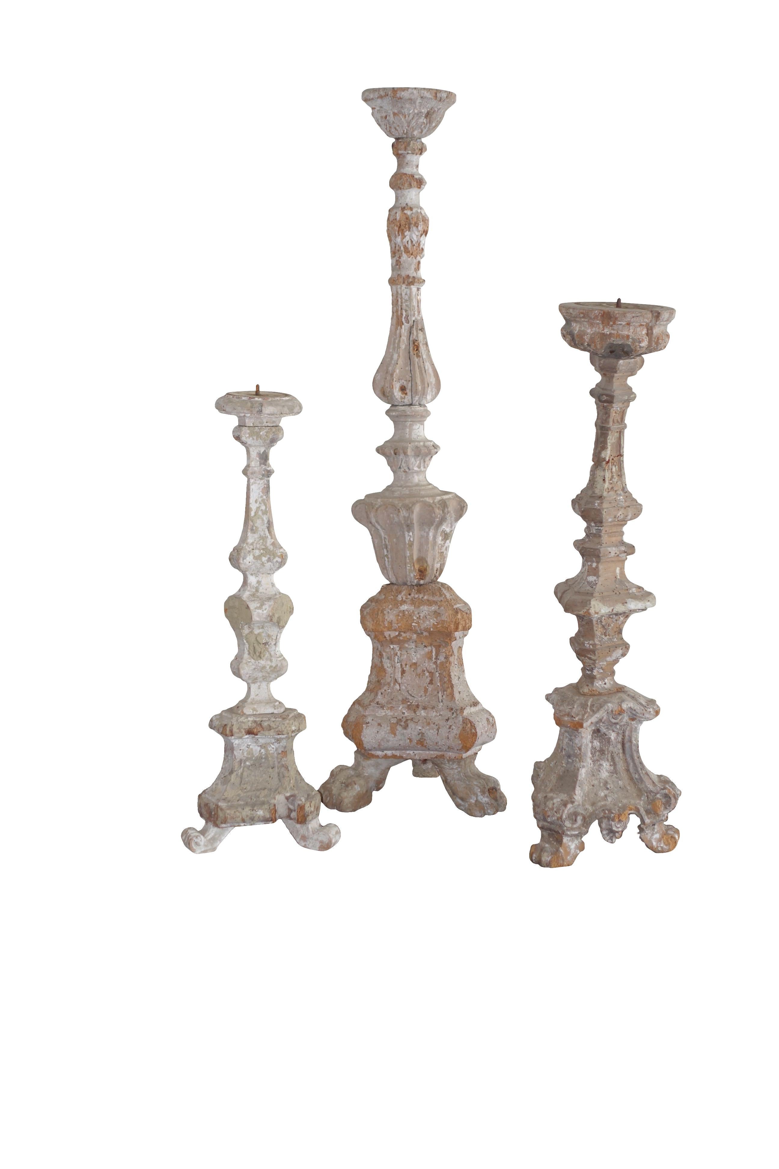 Large Hand Carved White Weathered Wood Candlestick, Italy, 19th Century 1