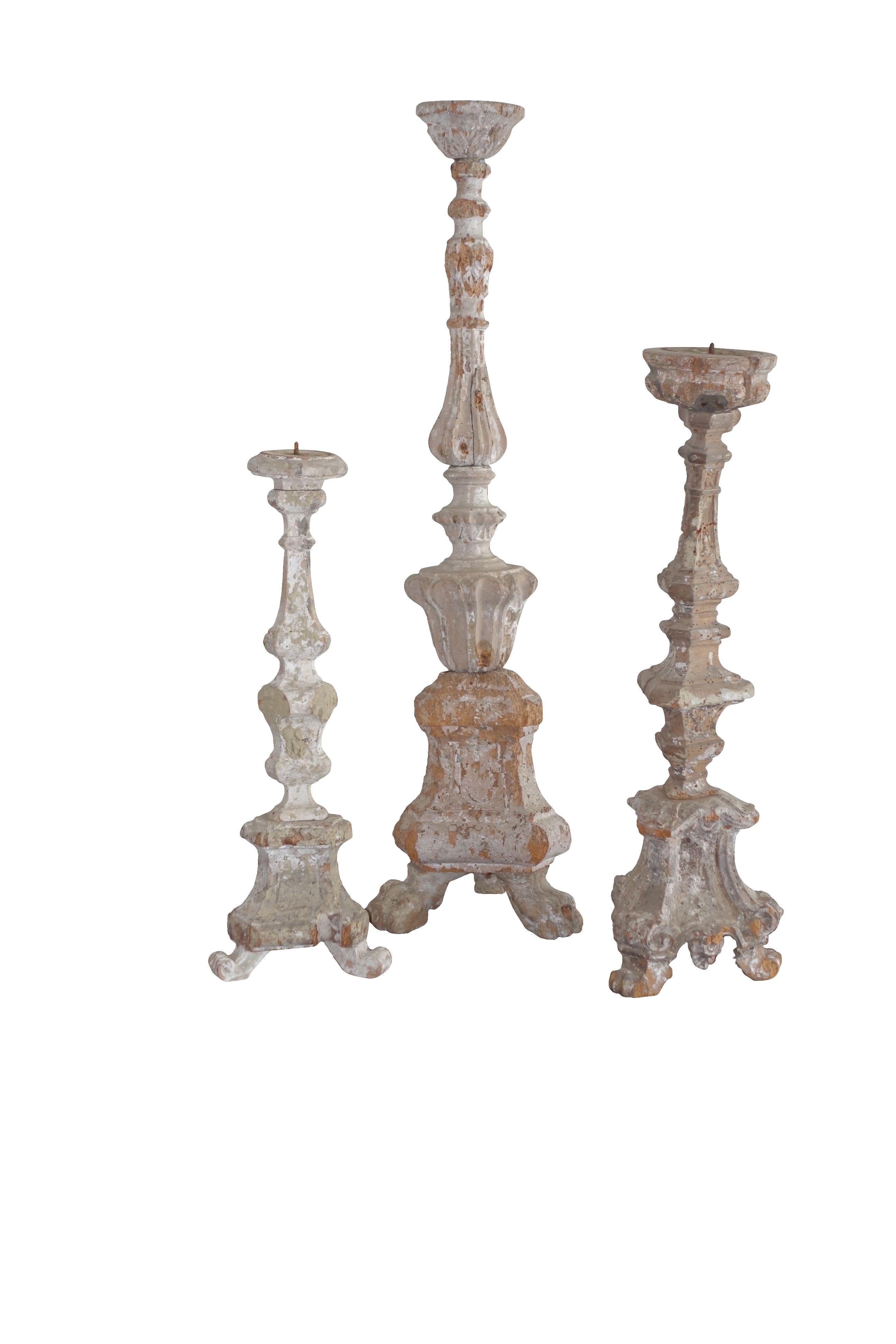 Large Hand Carved White Weathered Wood Candlestick, Italy, 19th Century For Sale 1