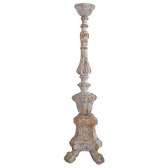 Large Hand Carved White Weathered Wood Candlestick, Italy, 19th Century