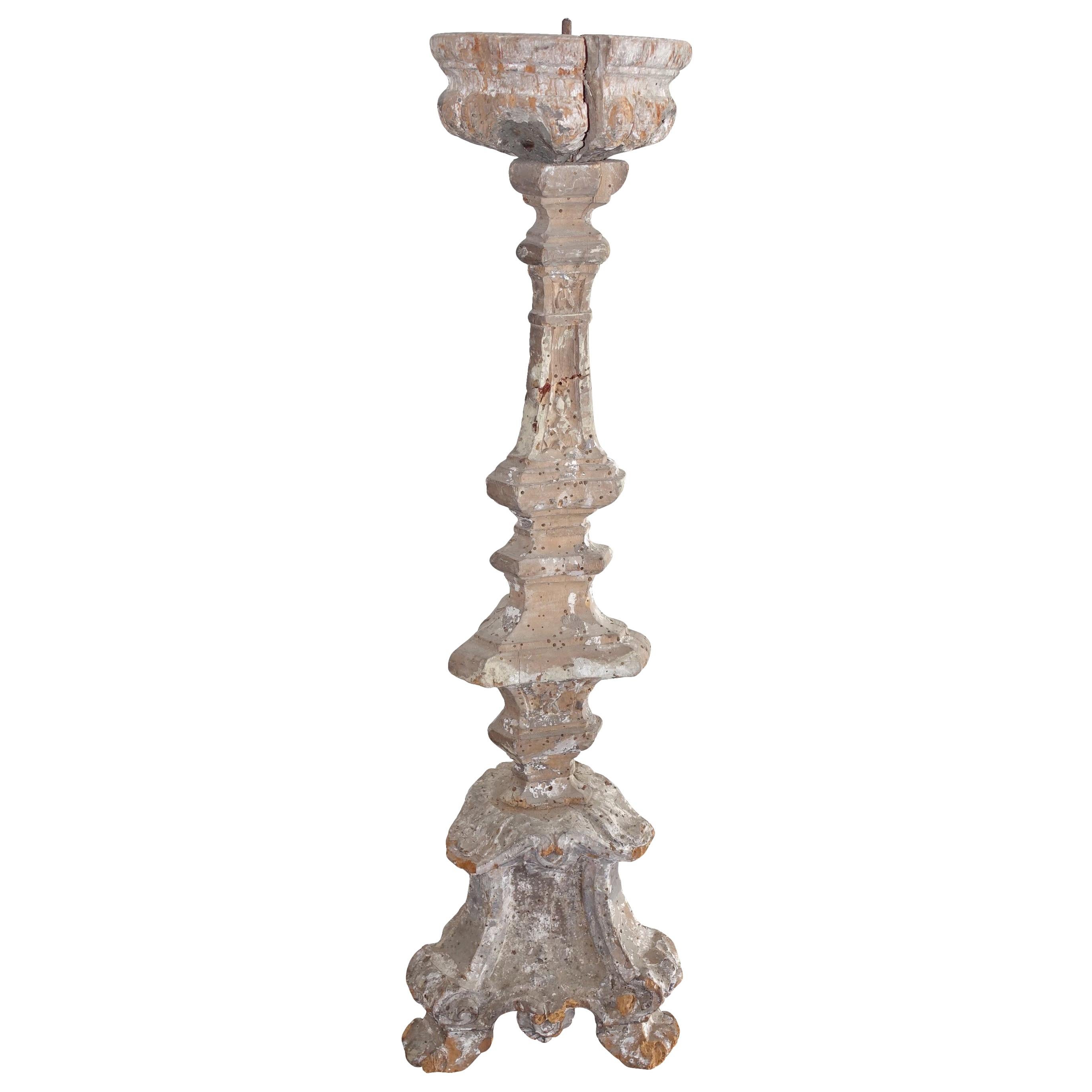 Large Hand Carved White Weathered Wood Candlestick, Italy, 19th Century For Sale
