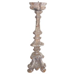 Large Hand Carved White Weathered Wood Candlestick, Italy, 19th Century