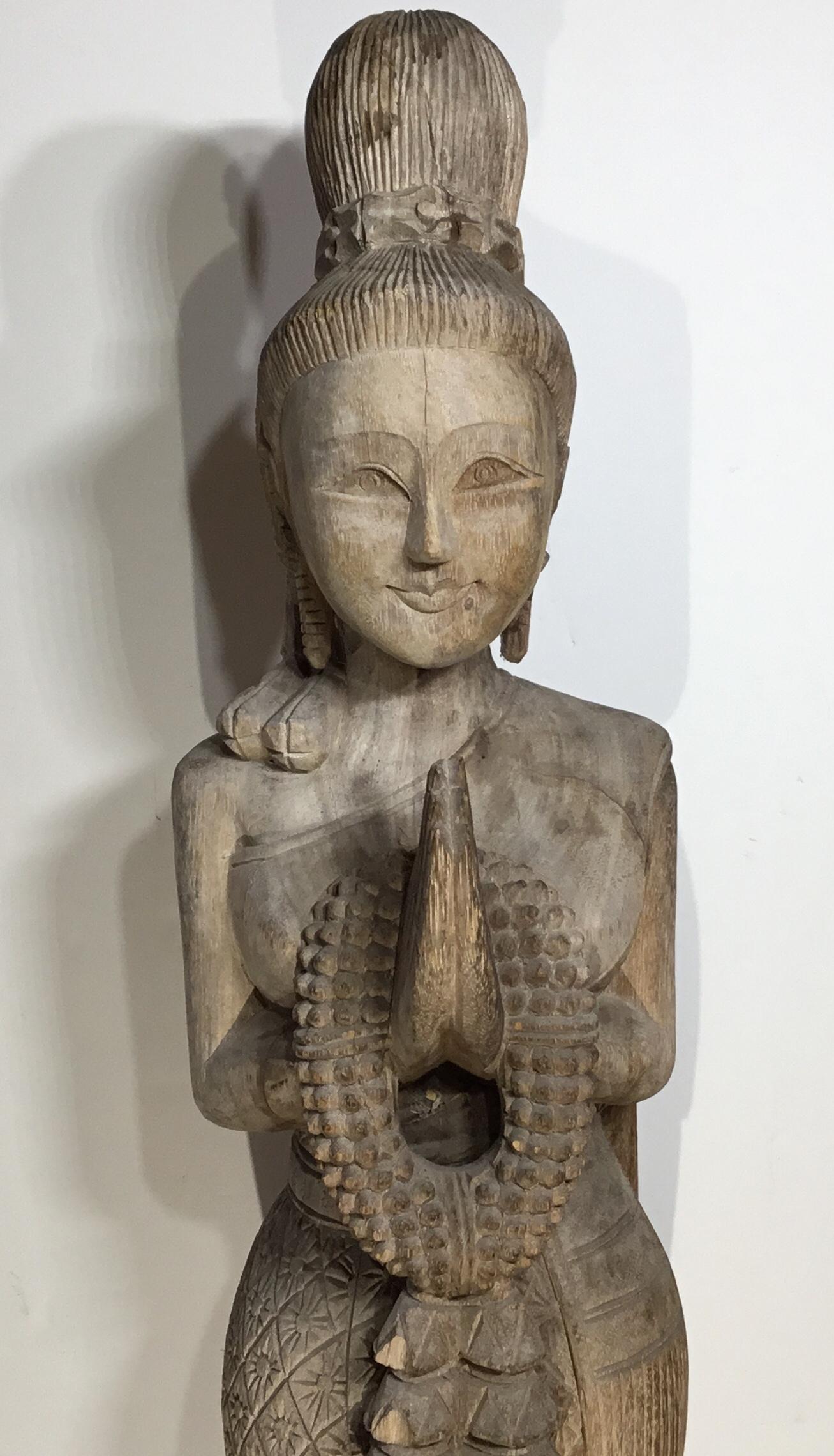 Thai  Large Hand Carved Wood Antique Quan Yin Statue